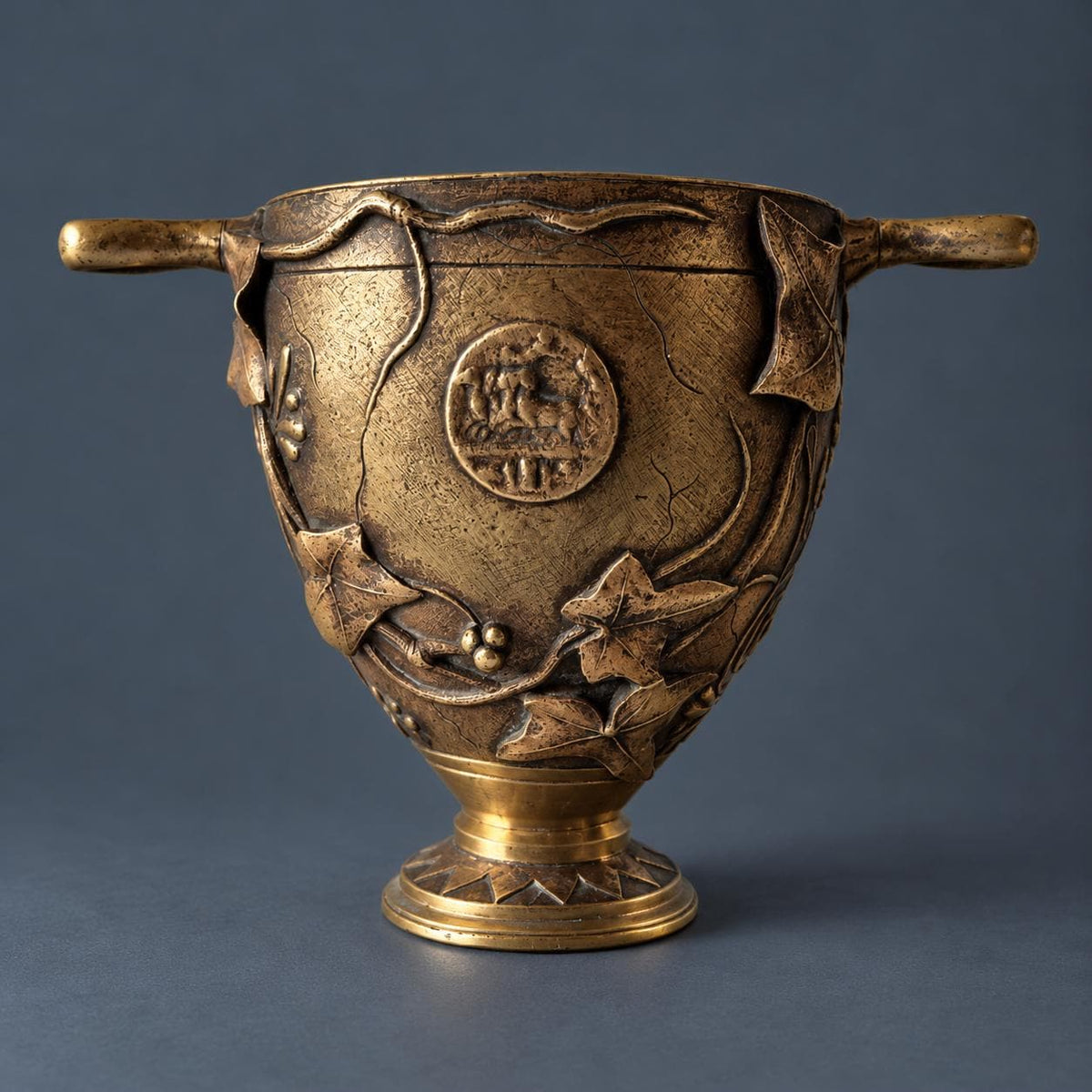 Antique 19th Century French Bronze Skyphos Cup with Ivy, Palmettes and Ancient Coin Medallion, Neo-Grec Two-Handled Vessel