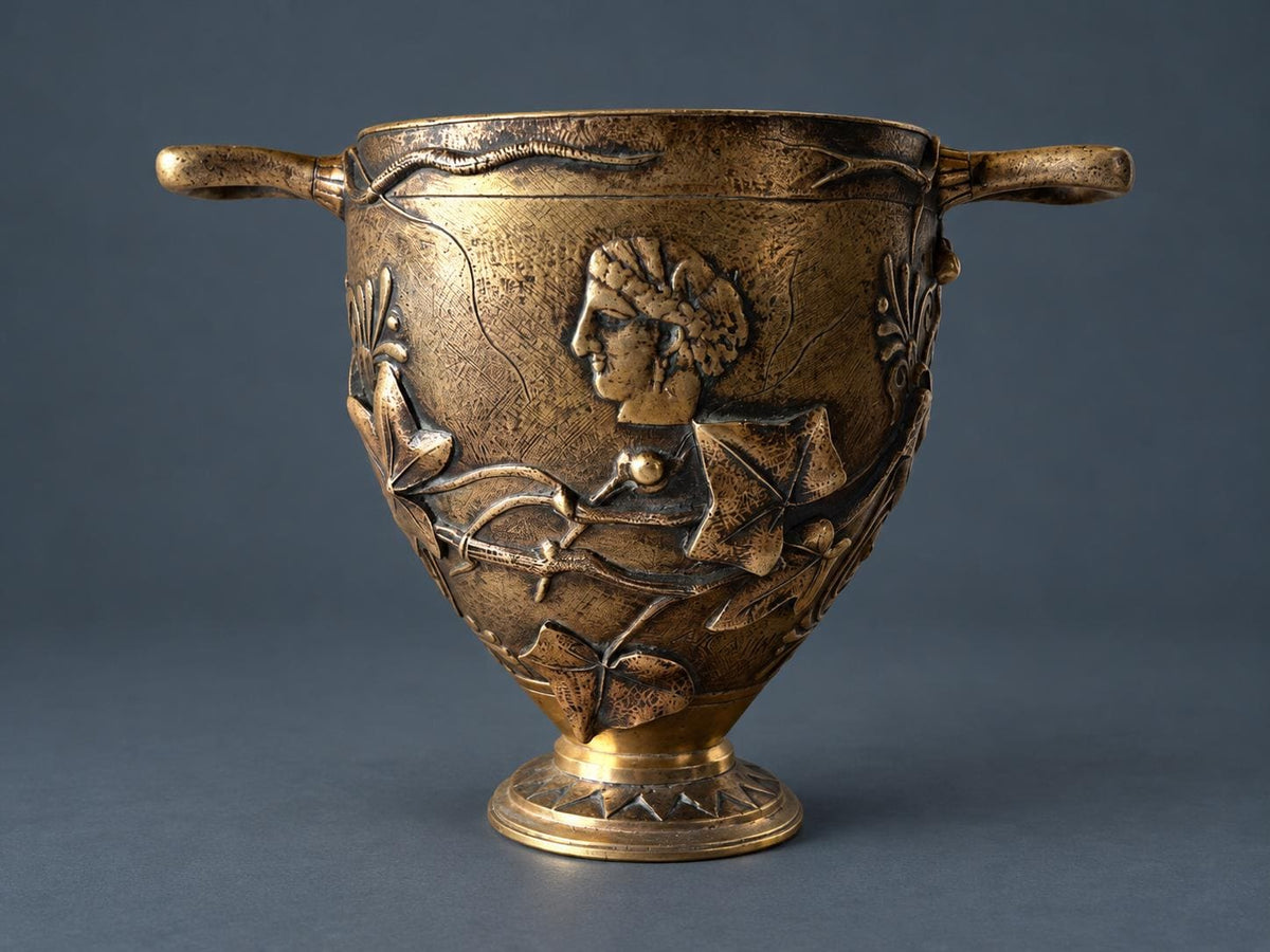 Antique 19th Century French Bronze Skyphos Cup with Ivy, Palmettes and Ancient Coin Medallion, Neo-Grec Two-Handled Vessel
