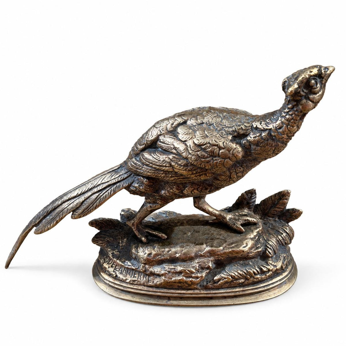 Antique French Animalier Bronze Pheasant by Edouard Delabrierre, Signed, Walking Game Bird on Leafy Oval Base, 19th C