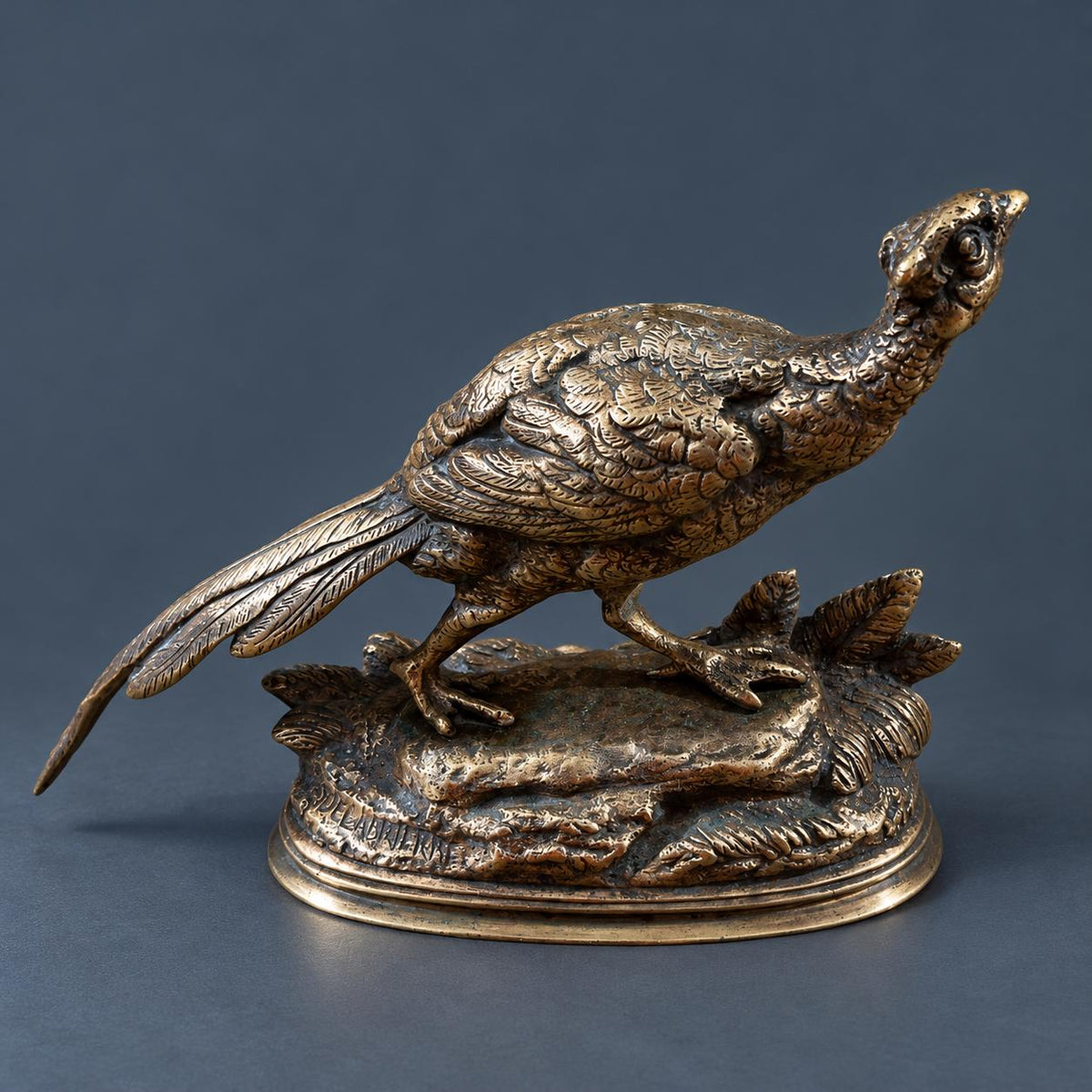Antique French Animalier Bronze Pheasant by Edouard Delabrierre, Signed, Walking Game Bird on Leafy Oval Base, 19th C