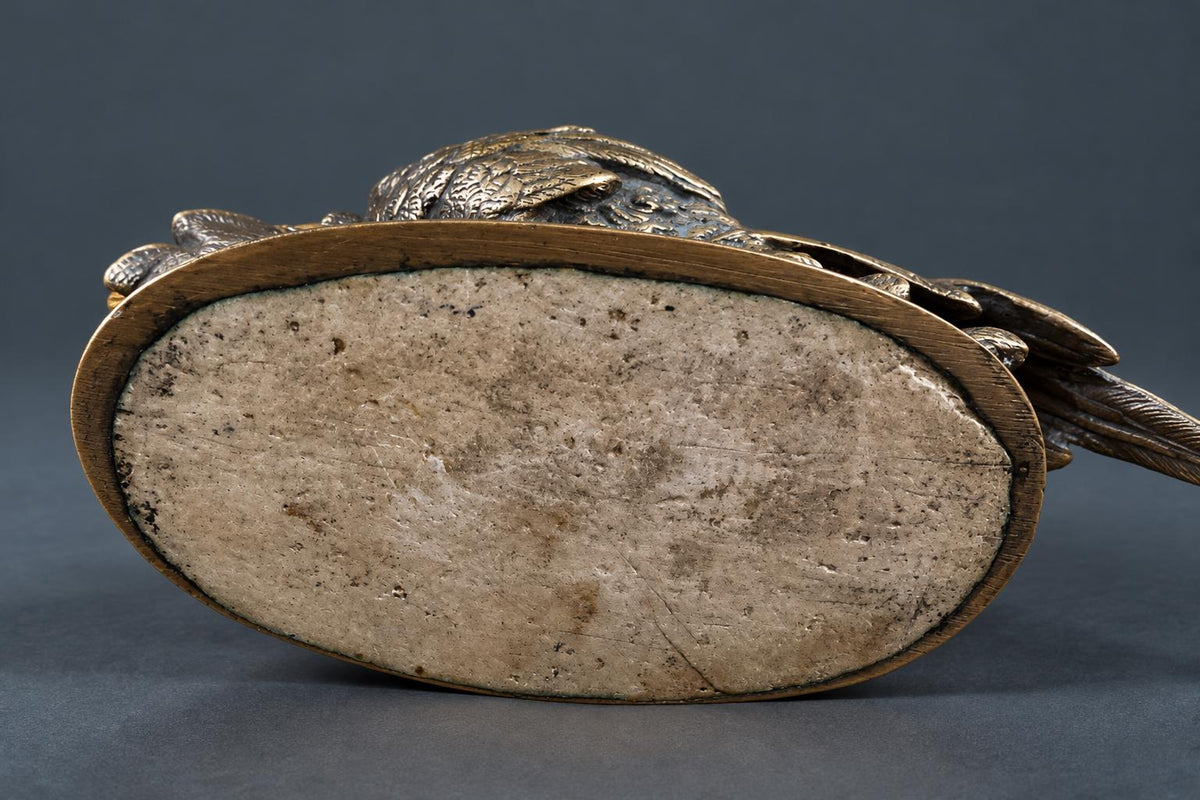 Antique French Animalier Bronze Pheasant by Edouard Delabrierre, Signed, Walking Game Bird on Leafy Oval Base, 19th C