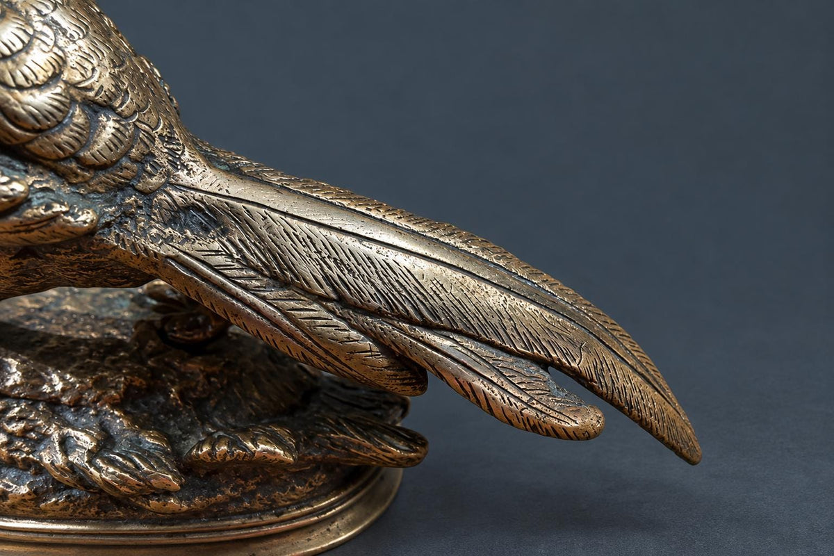 Antique French Animalier Bronze Pheasant by Edouard Delabrierre, Signed, Walking Game Bird on Leafy Oval Base, 19th C