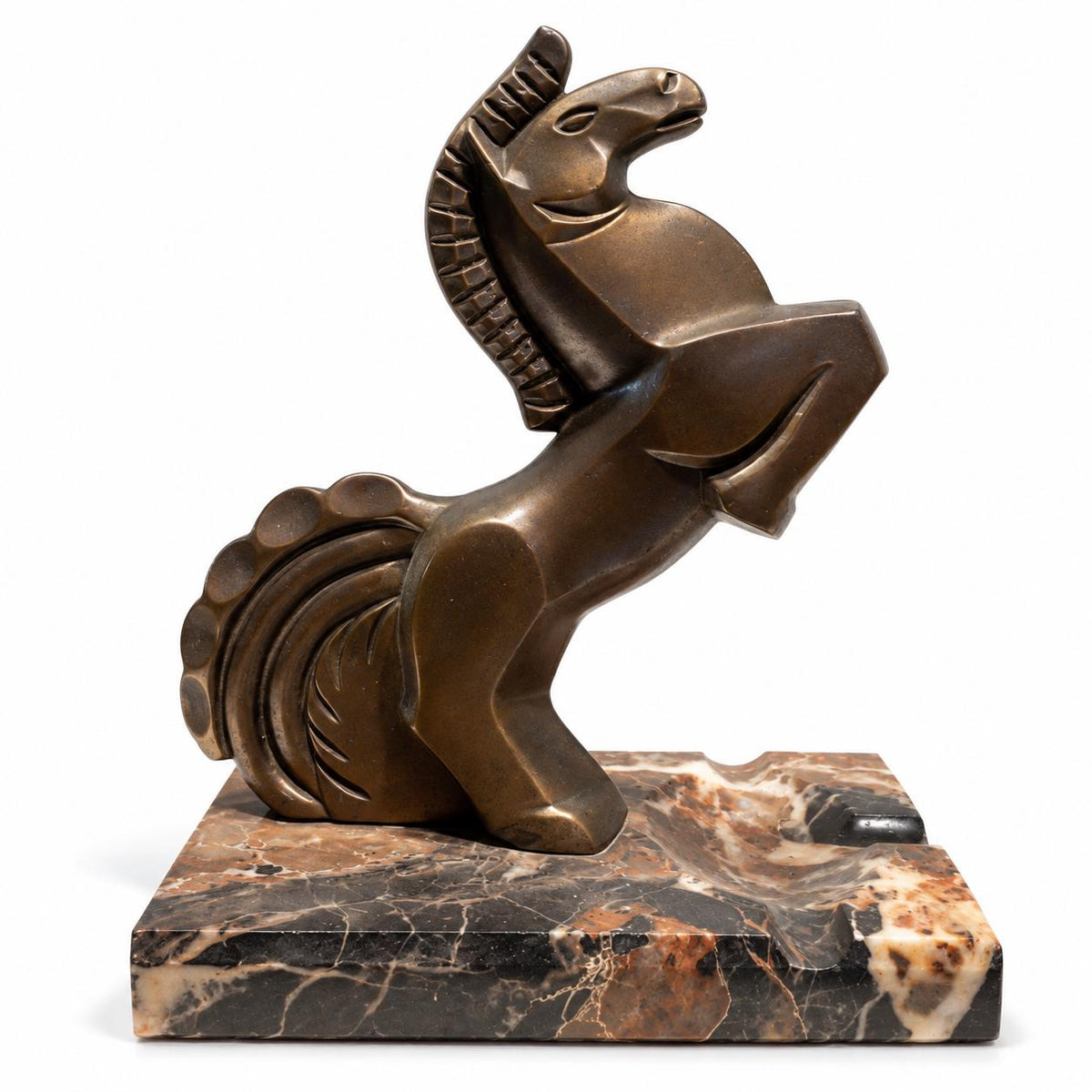 Vintage Art Deco Cubist Rearing Horse Sculpture on Marble Ashtray Base, Bronze-Patinated Spelter, Stylized Mane, 1930s Desk