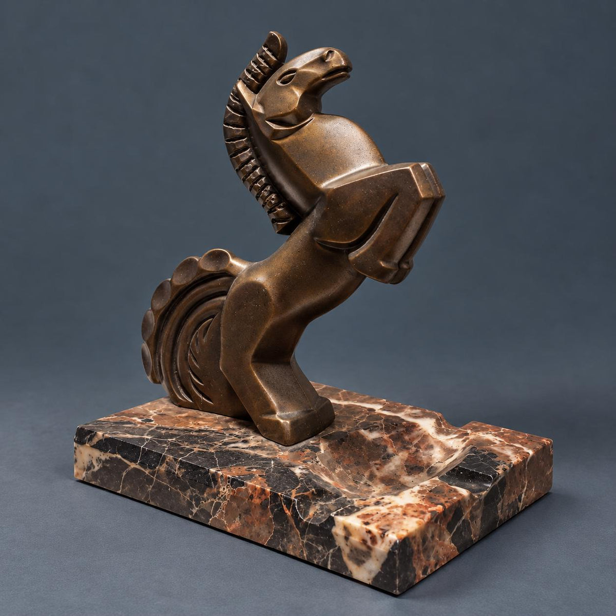 Vintage Art Deco Cubist Rearing Horse Sculpture on Marble Ashtray Base, Bronze-Patinated Spelter, Stylized Mane, 1930s Desk