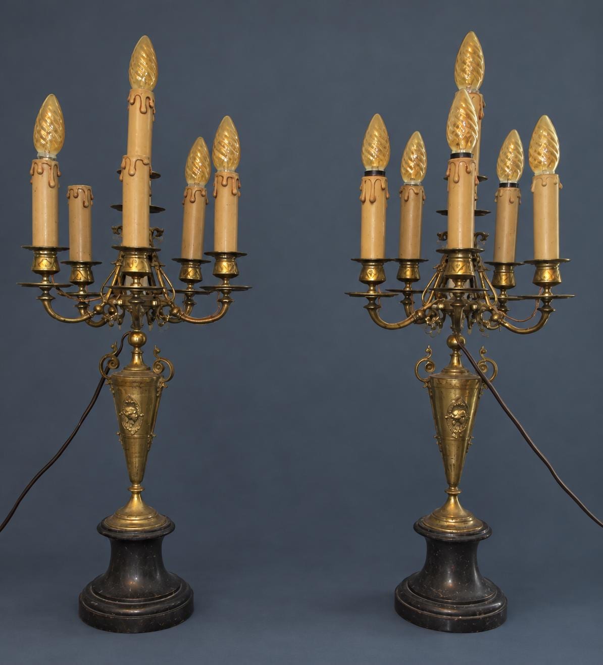Pair of Antique Napoleon III Bronze Six-Light Candelabra Table Lamps, Urn Stems with Medallions, Black Marble Bases, 26 in