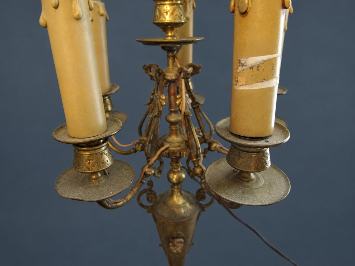 Pair of Antique Napoleon III Bronze Six-Light Candelabra Table Lamps, Urn Stems with Medallions, Black Marble Bases, 26 in