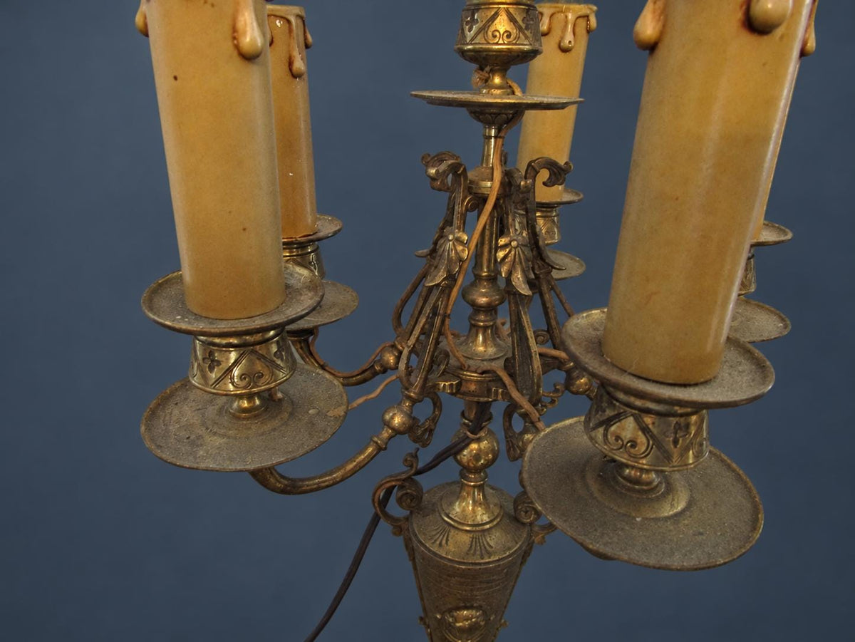Pair of Antique Napoleon III Bronze Six-Light Candelabra Table Lamps, Urn Stems with Medallions, Black Marble Bases, 26 in