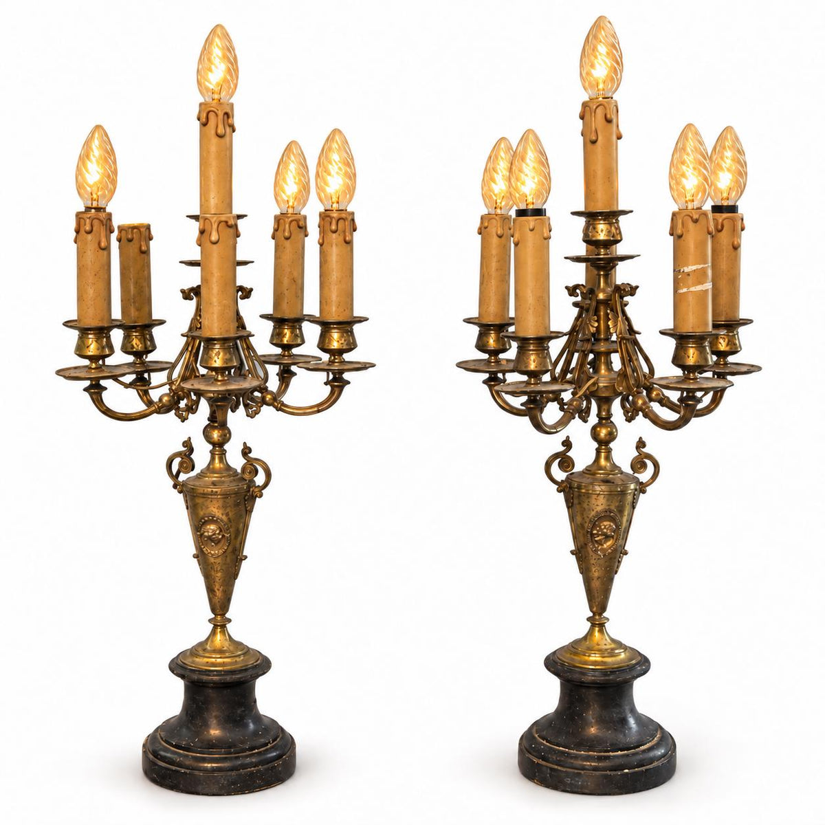 Pair of Antique Napoleon III Bronze Six-Light Candelabra Table Lamps, Urn Stems with Medallions, Black Marble Bases, 26 in