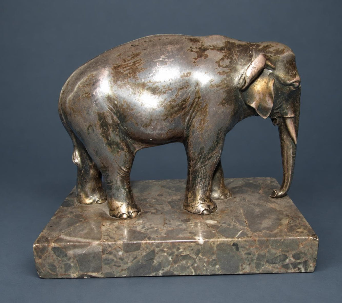 Vintage Art Deco Silvered Spelter Elephant Sculpture on Marble Base, Walking Asian Elephant with Trunk Down, 1930s Decor