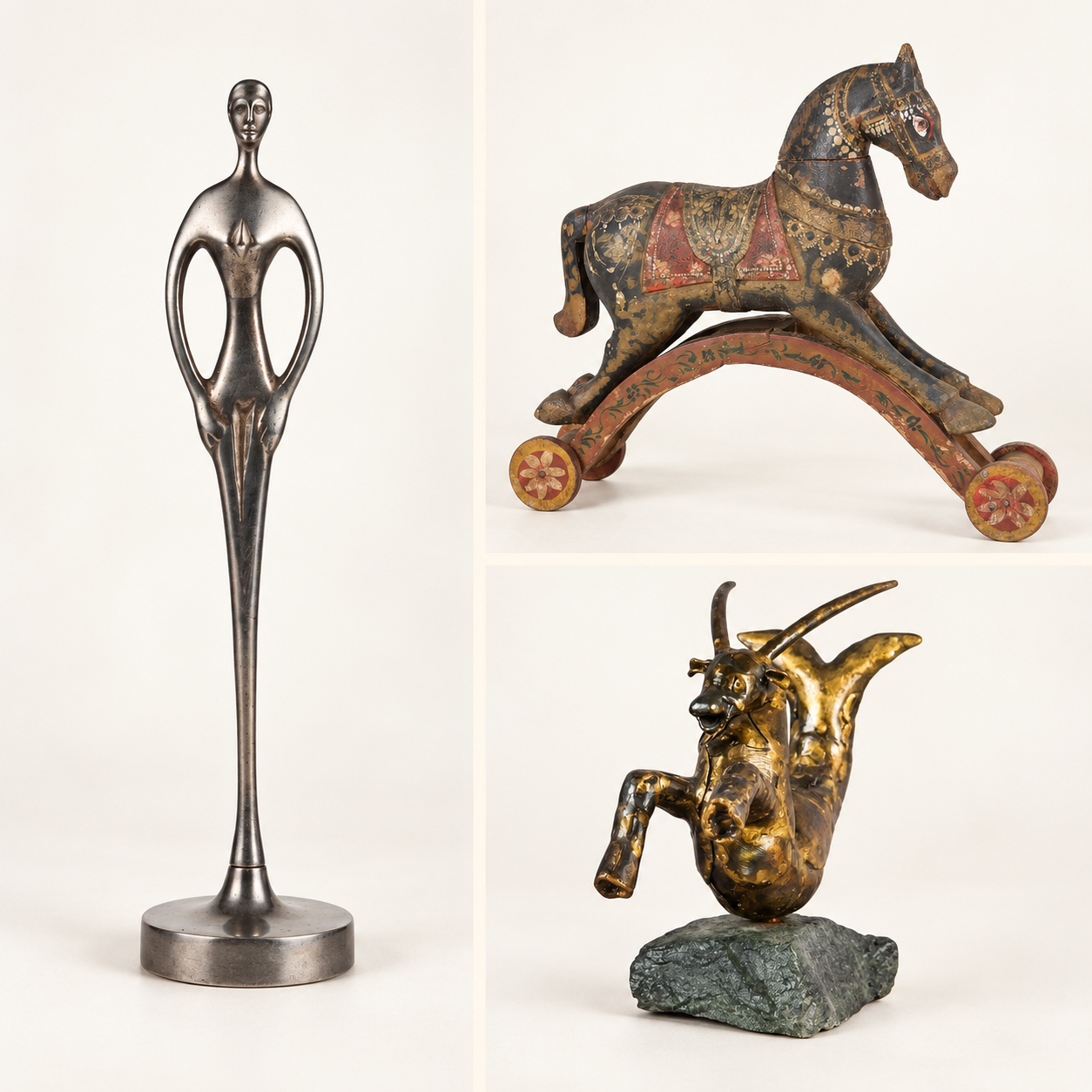 Art and sculpture collage featuring a silver-toned figure, a wooden horse and a bronze Capricorn