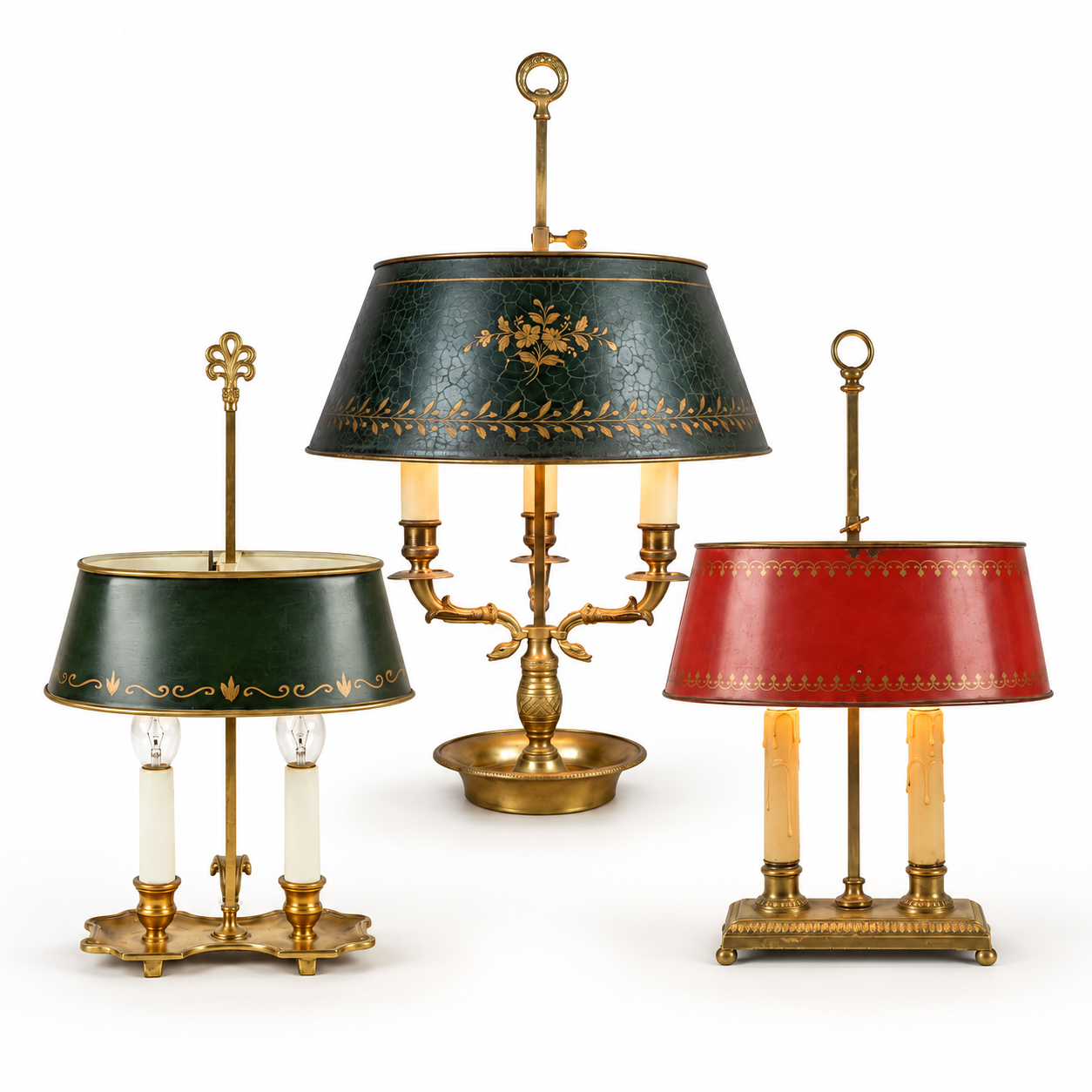 Styled collage of three Bouillotte lamps with green and red tole shades