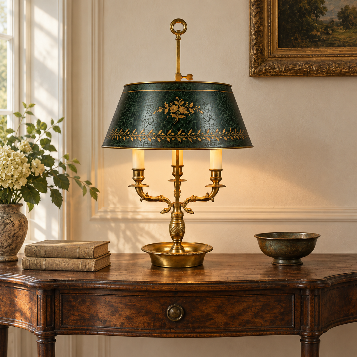 Styled interior illustration with a green-shaded bronze Bouillotte lamp on an antique walnut console