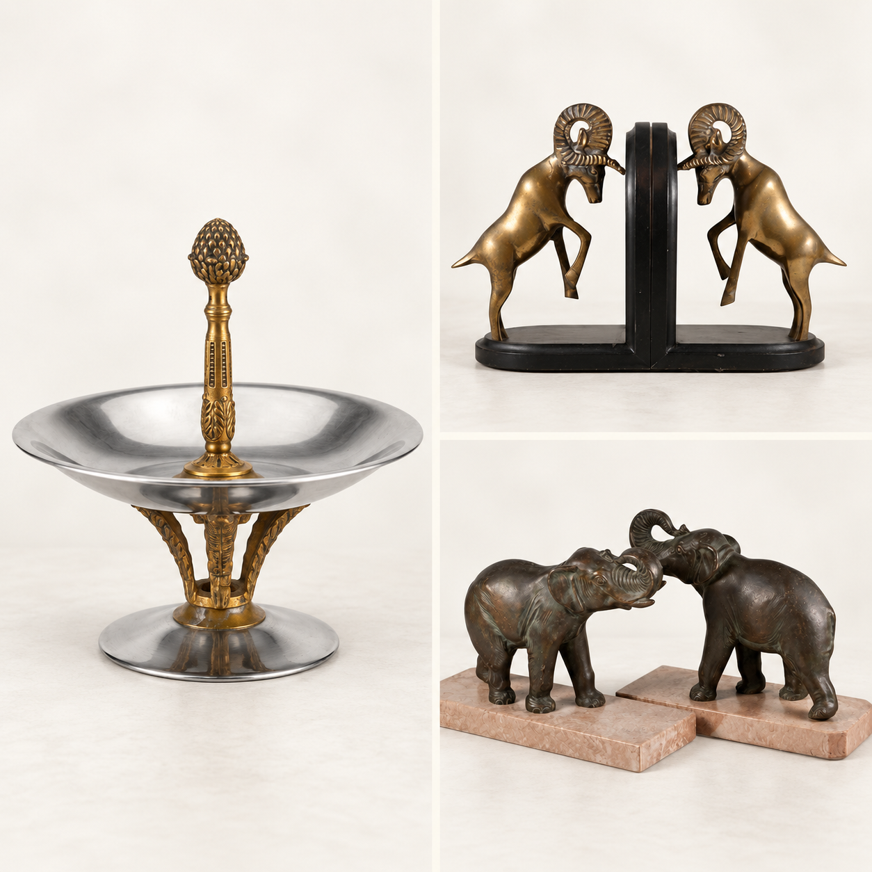 Decorative objects collage featuring a pedestal bowl, ram bookends and elephant bookends