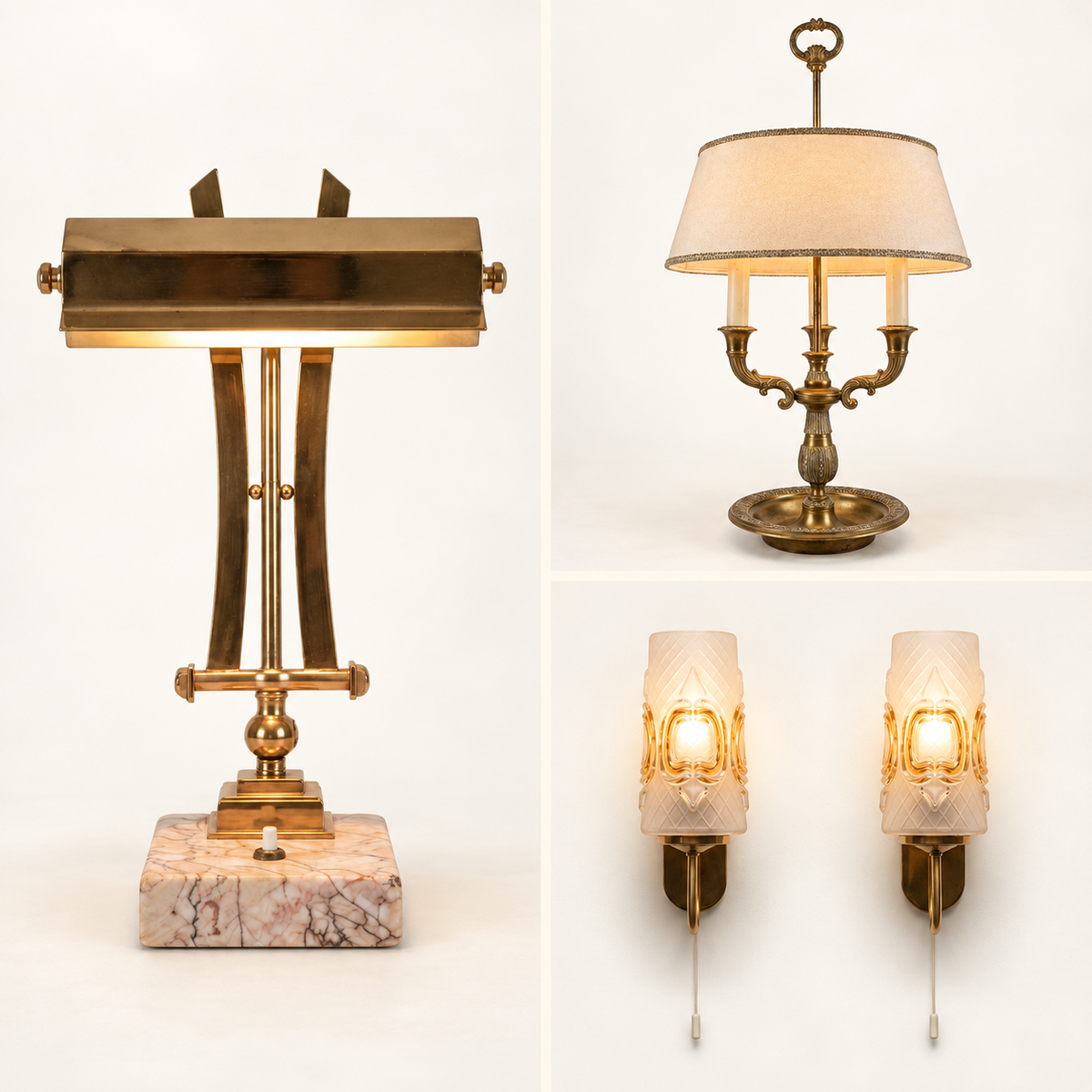 Lighting collage featuring a desk lamp, a bouillotte lamp and a pair of glass wall lights