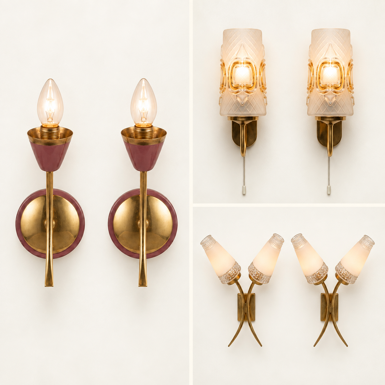 Wall lights collage featuring three different pairs of vintage wall lights