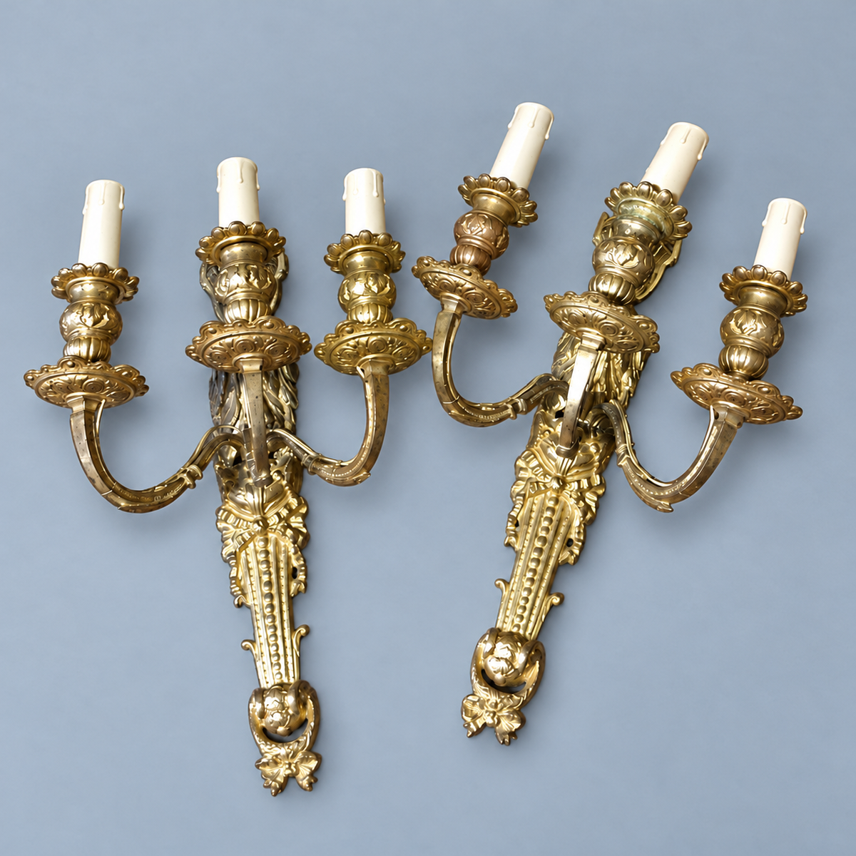 Pair of Antique French Gilt Bronze Three-Arm Wall Sconces, Louis XVI Style — France, 19th Century