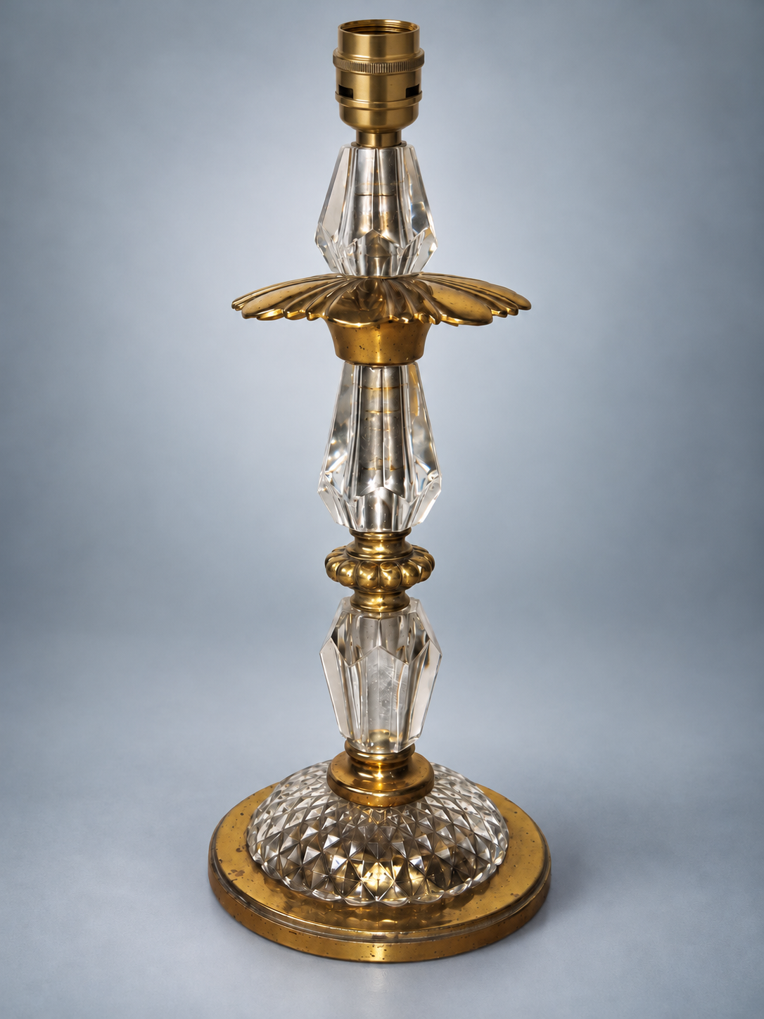 Antique French Table Lamp Base, Faceted Crystal and Gilt Brass, Flower Collar — France, Early 20th Century