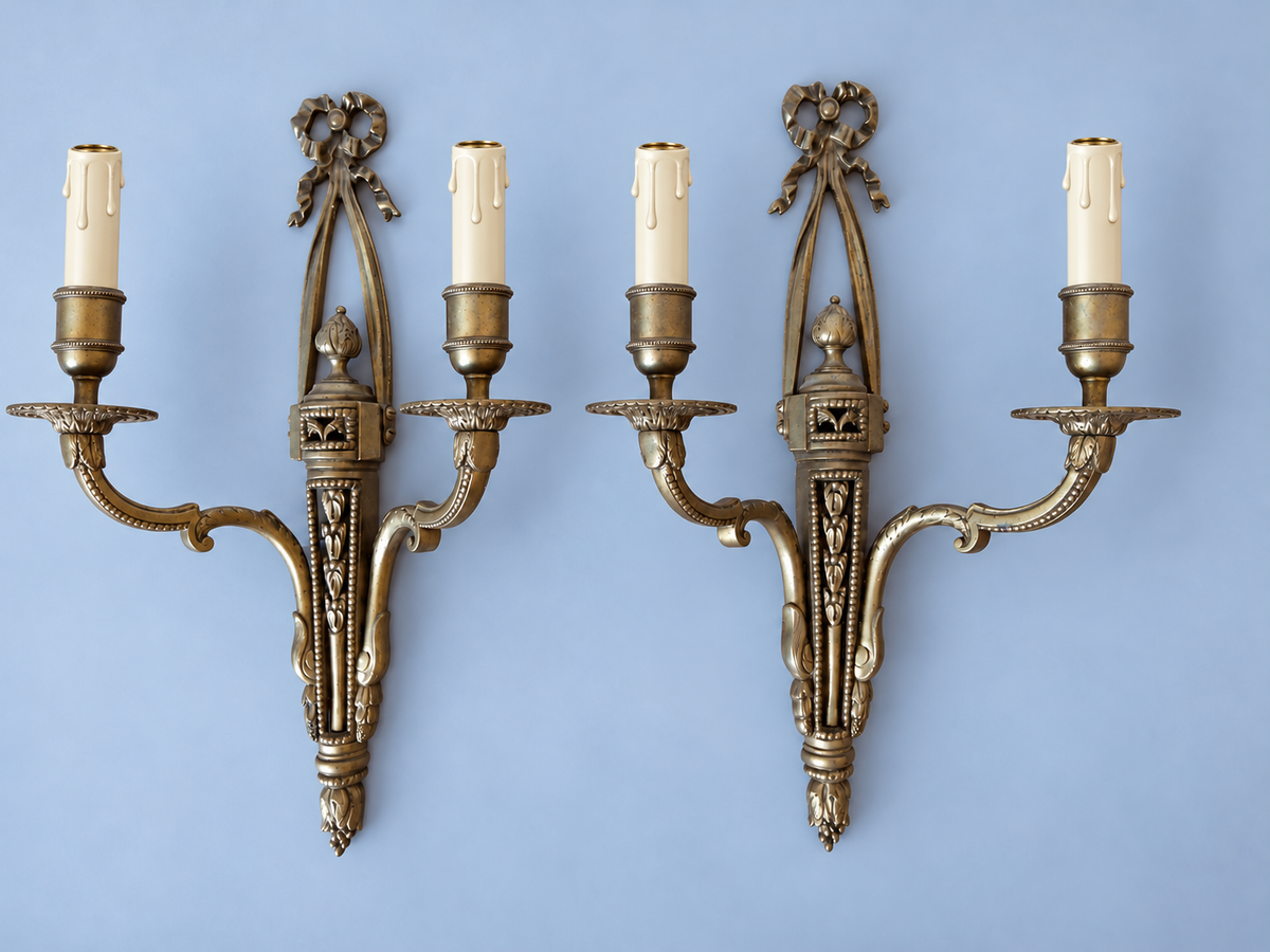 Vintage Pair of Louis XVI Style Two-Arm Bronze-Tone Wall Sconces with Ribbon Bow Crests and Pierced Quivers