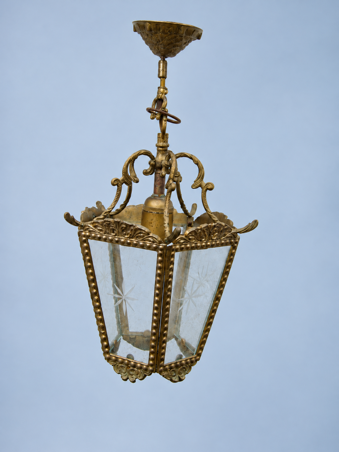 Vintage Five-Sided Hall Lantern, Star-Etched Glass, Beaded Brass-Tone Frame and Scroll Crown