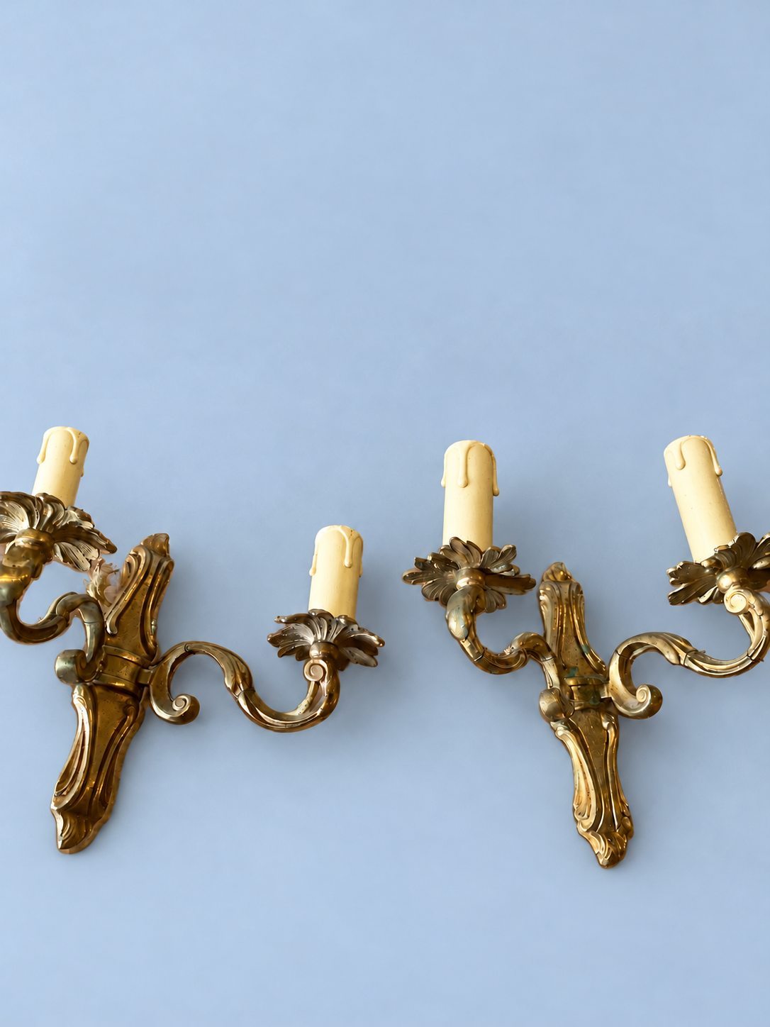 Vintage Pair of Louis XV Style Wall Sconces, Gilt Metal Scrolled Arms with Leafy Bobèches, Two Lights Each