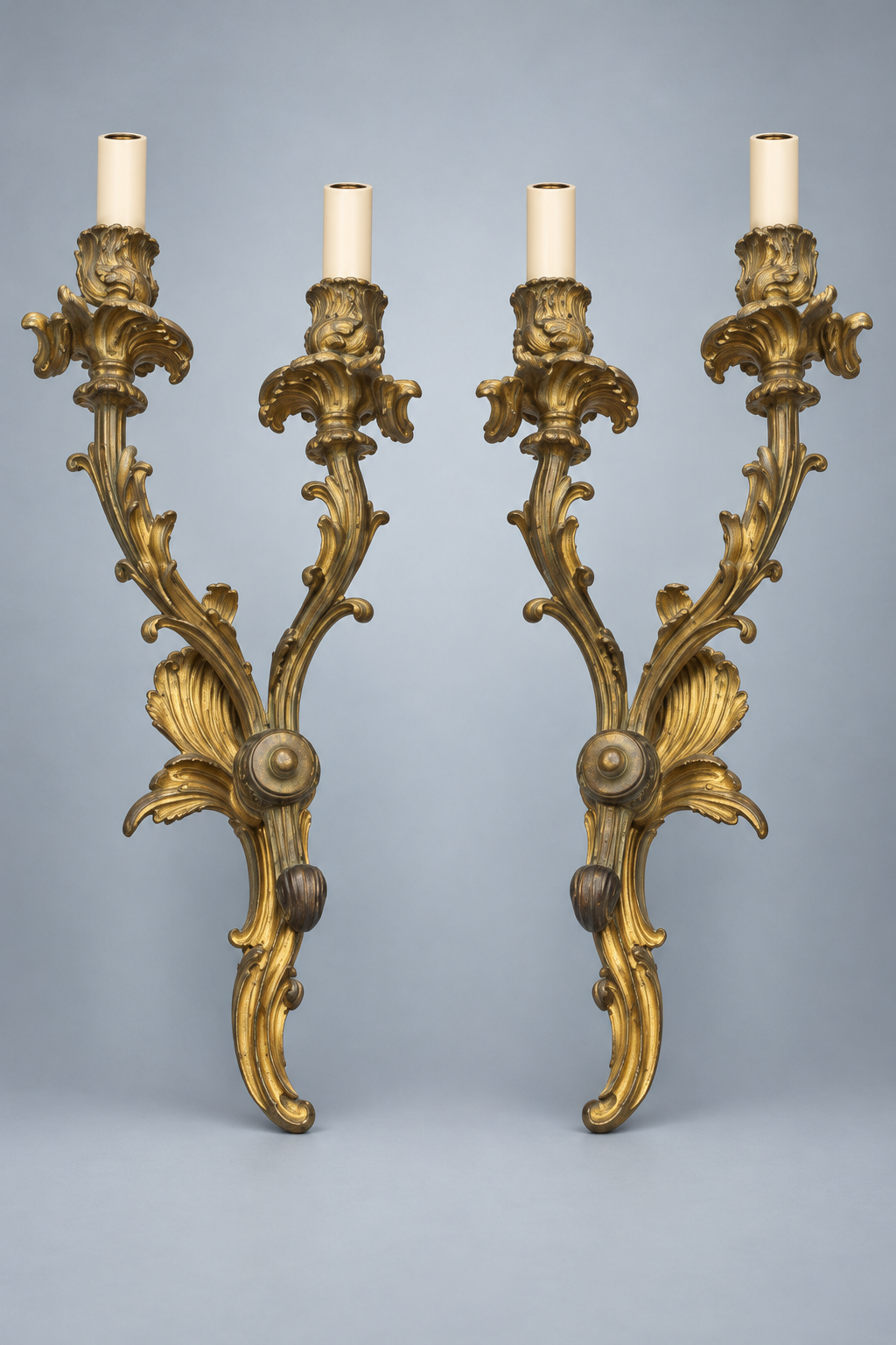Pair of French gilt bronze two-arm wall sconces; original patina retained; matching standard ivory candle sleeves fitted before delivery