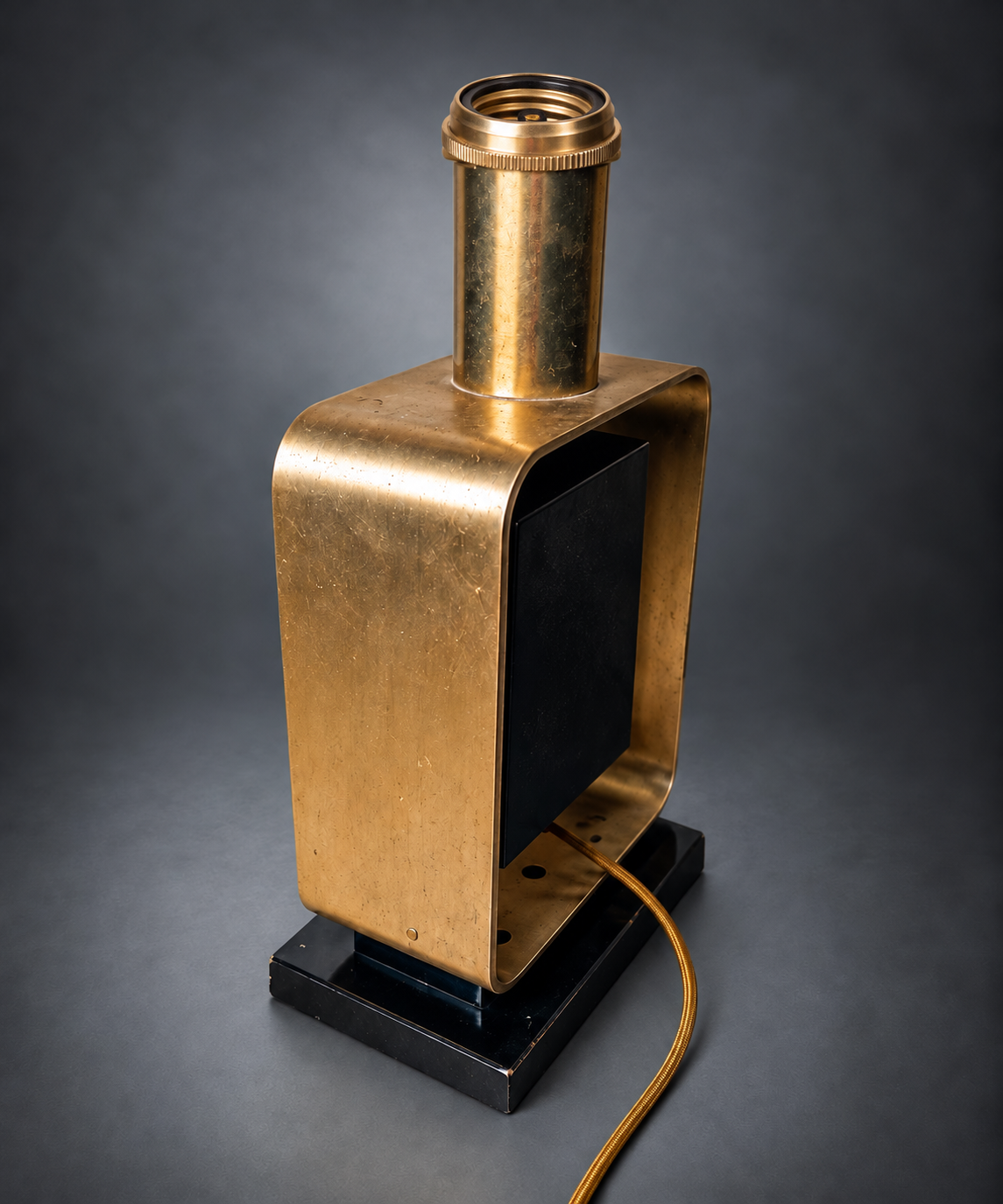 Brutalist Style Table Lamp, Abstract Relief Plaque in Gold-Tone Metal Frame, Black Base, Sculptural Modernist Lamp Base