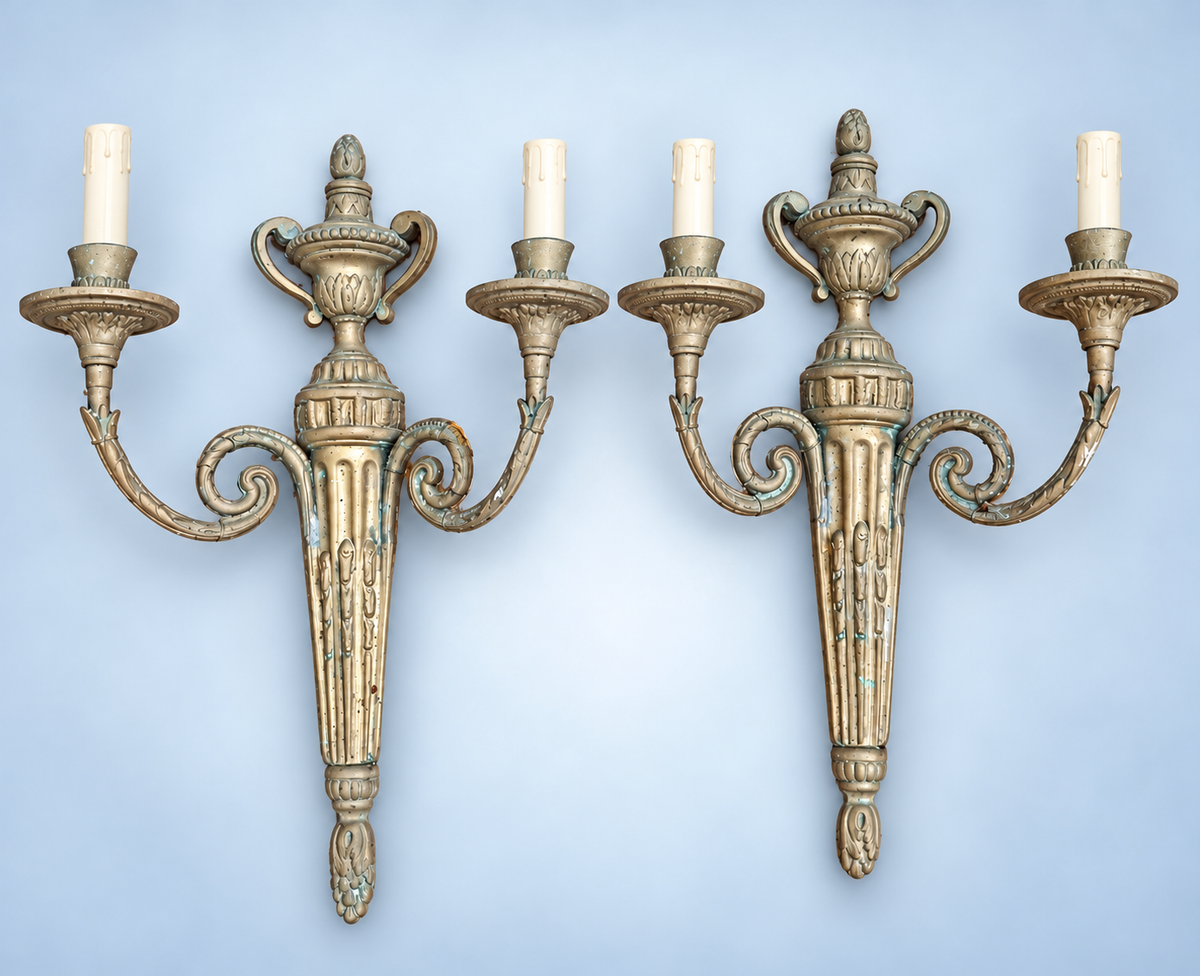 Antique Pair of Large Transition Style Bronze-Tone Two-Arm Wall Sconces with Urn Crest