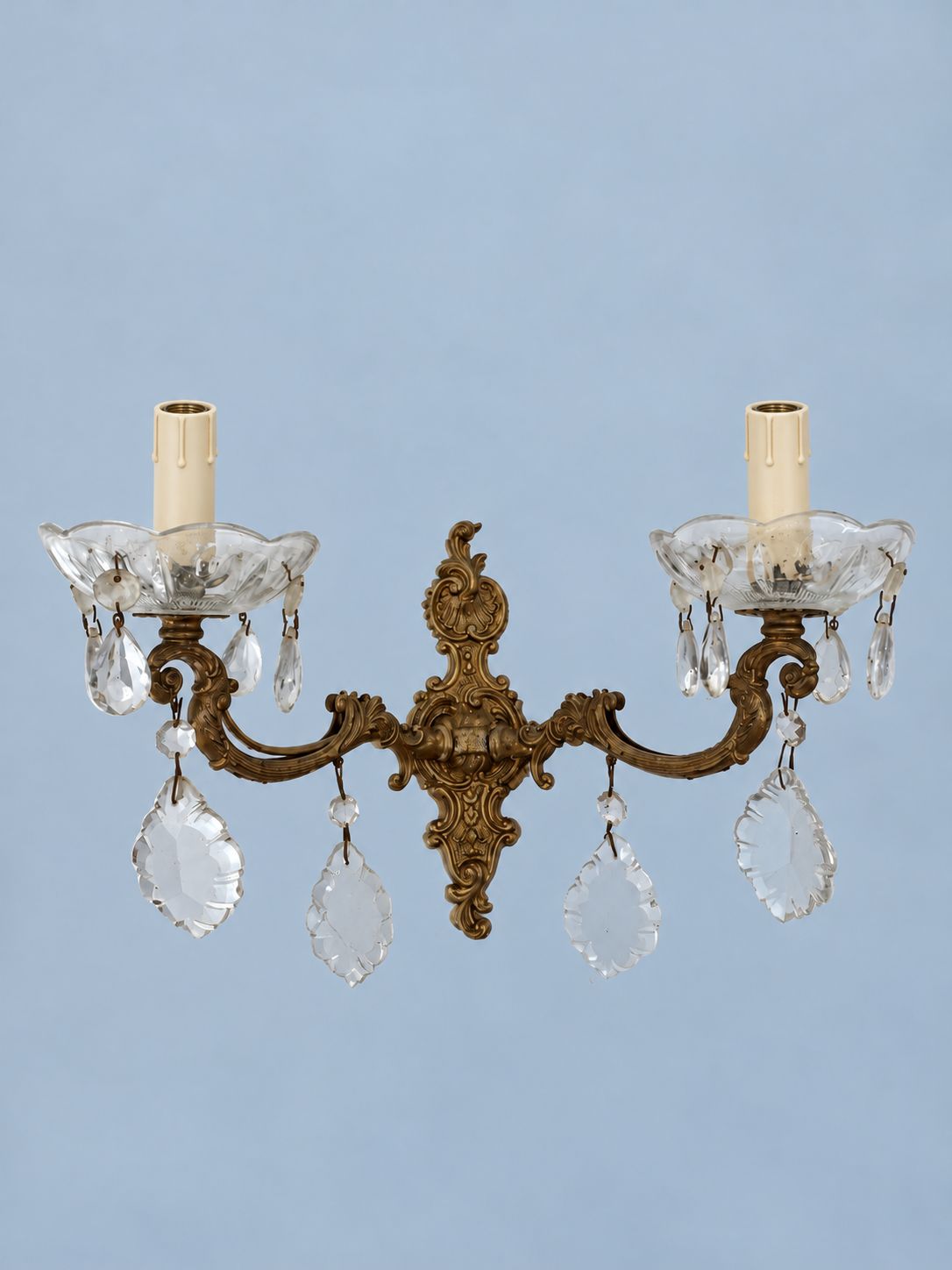 Vintage Brass Wall Sconce with Glass Bobèches and Faceted Glass Drops, Rococo Style Scrolled Backplate, Two Lights, 32 cm