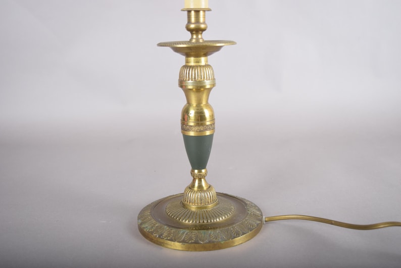 Vintage Brass Candlestick Table Lamp, Green Accent, Bouillotte-Style Drip Tray, Pleated White Shade, 1950s