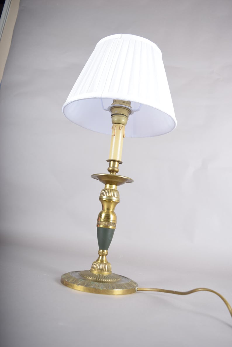 Vintage Brass Candlestick Table Lamp, Green Accent, Bouillotte-Style Drip Tray, Pleated White Shade, 1950s