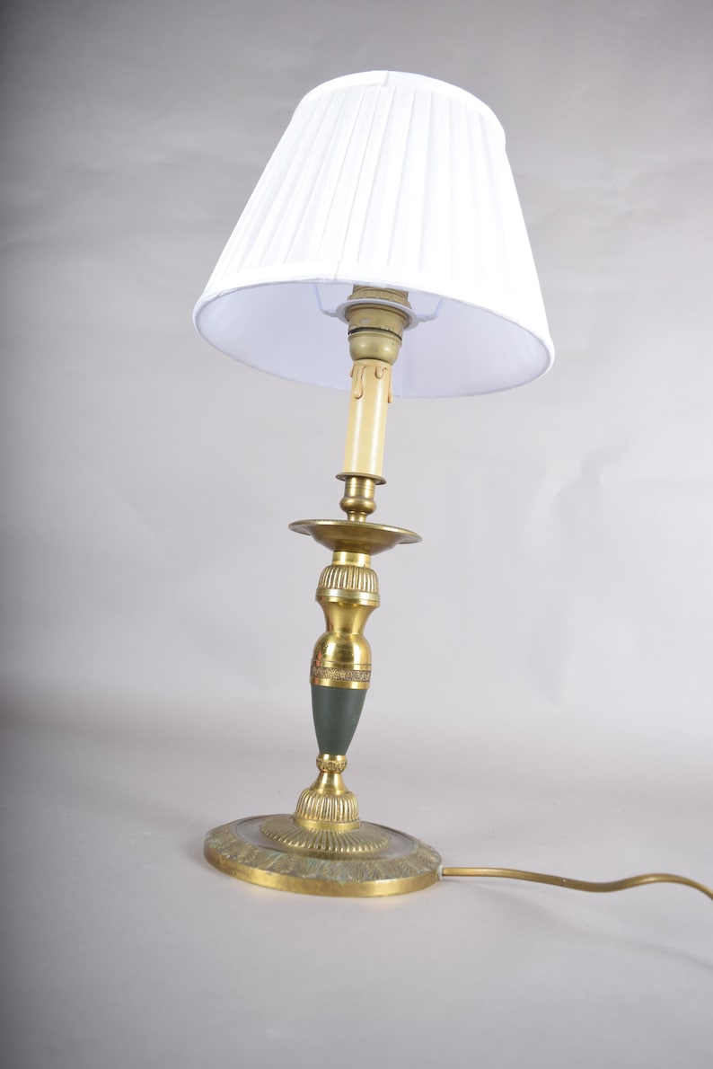 Vintage Brass Candlestick Table Lamp, Green Accent, Bouillotte-Style Drip Tray, Pleated White Shade, 1950s