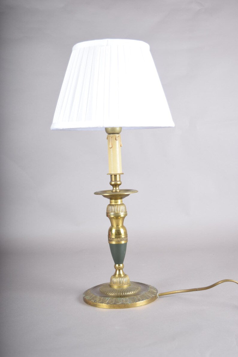 Vintage Brass Candlestick Table Lamp, Green Accent, Bouillotte-Style Drip Tray, Pleated White Shade, 1950s
