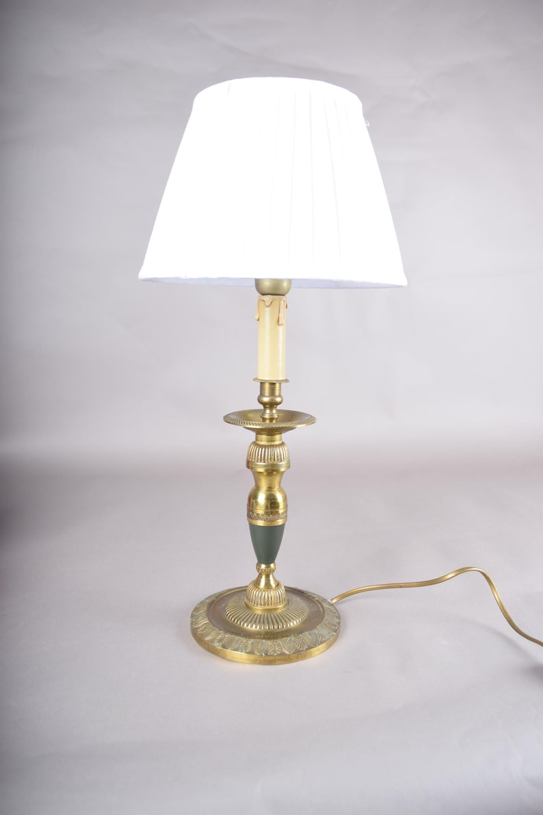 Vintage Brass Candlestick Table Lamp, Green Accent, Bouillotte-Style Drip Tray, Pleated White Shade, 1950s