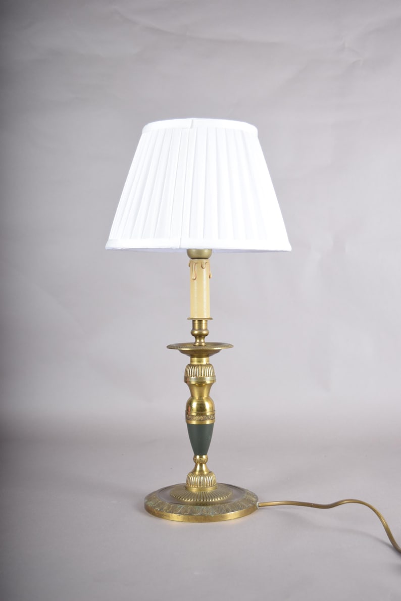 Vintage Brass Candlestick Table Lamp, Green Accent, Bouillotte-Style Drip Tray, Pleated White Shade, 1950s