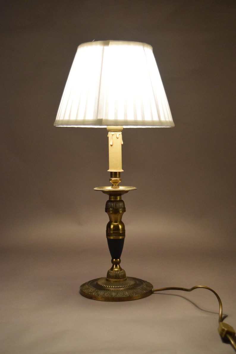 Vintage Brass Candlestick Table Lamp, Green Accent, Bouillotte-Style Drip Tray, Pleated White Shade, 1950s