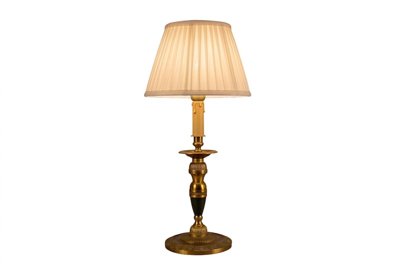 Vintage Brass Candlestick Table Lamp, Green Accent, Bouillotte-Style Drip Tray, Pleated White Shade, 1950s