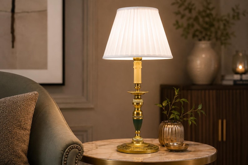 Vintage Brass Candlestick Table Lamp, Green Accent, Bouillotte-Style Drip Tray, Pleated White Shade, 1950s