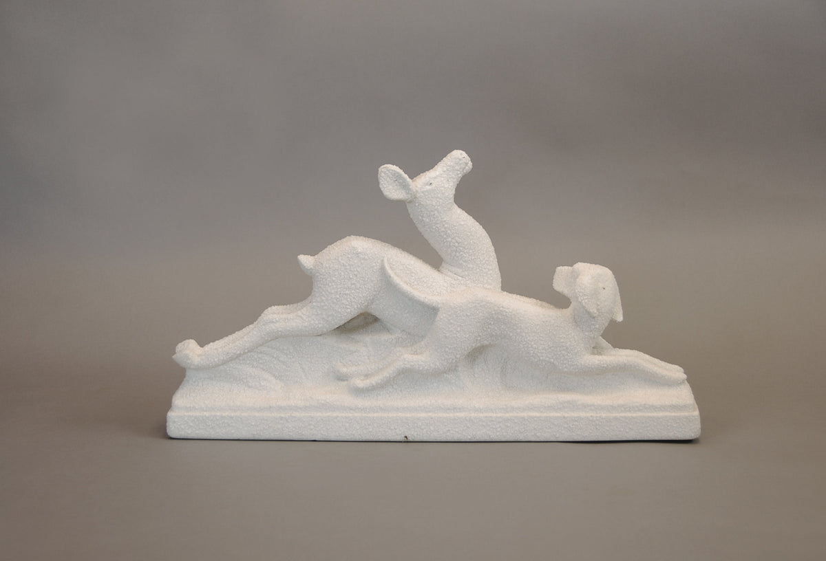 Art Deco Ceramic Sculpture, Deer and Dog — Signed ODYV, French, 1930s