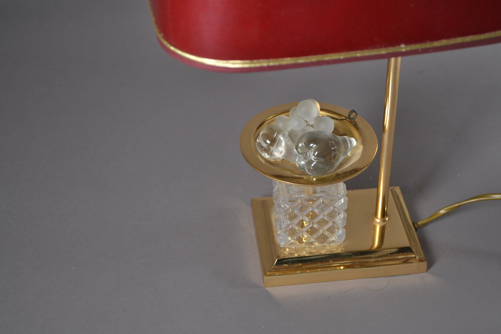 Vintage 1970s French Table Lamp, Red Tole Shade, Cut Glass Base with Glass Fruit Accent