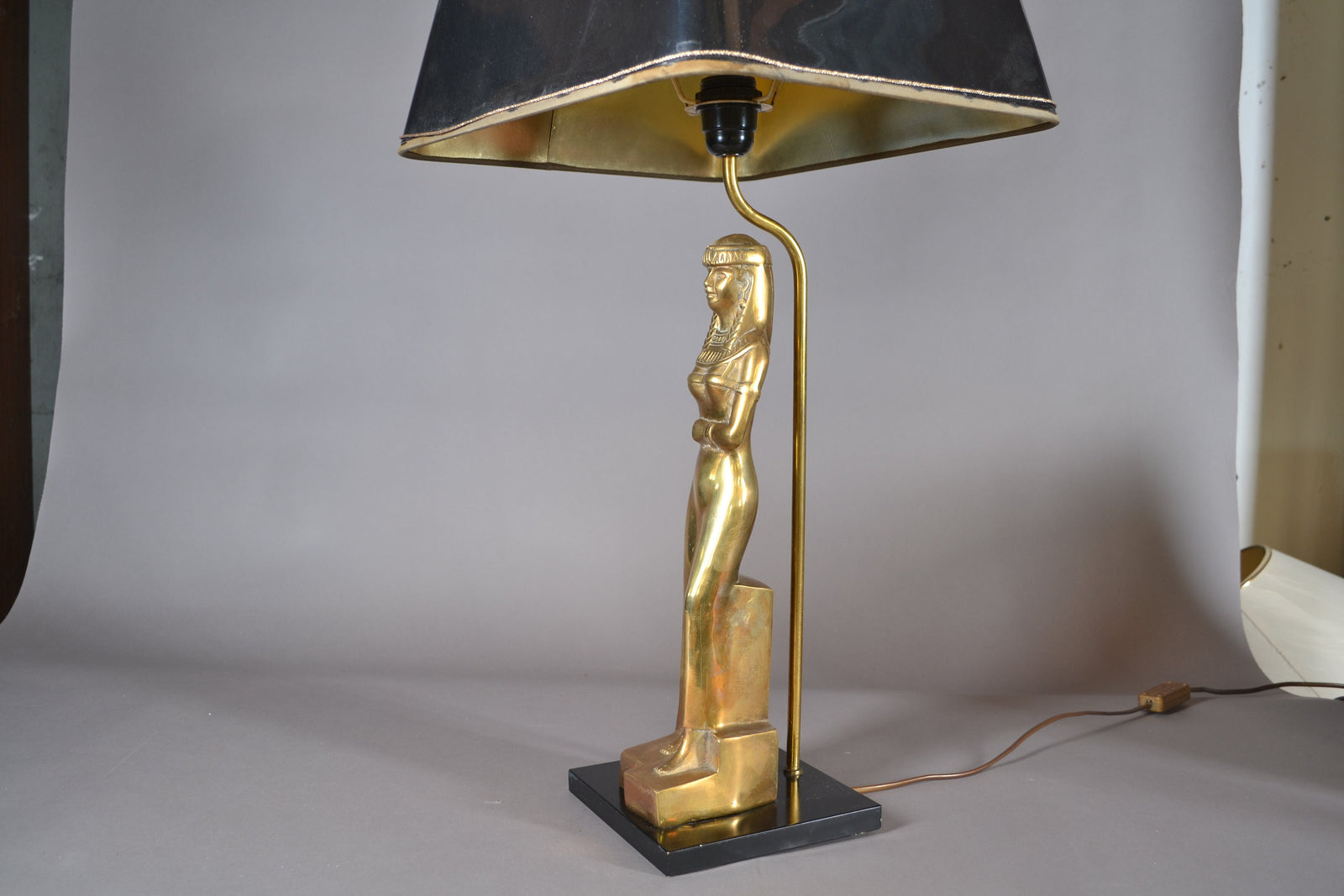 Vintage Egyptian Revival Table Lamp, Gold-Toned Woman Figure, Art Deco Style, 1970s