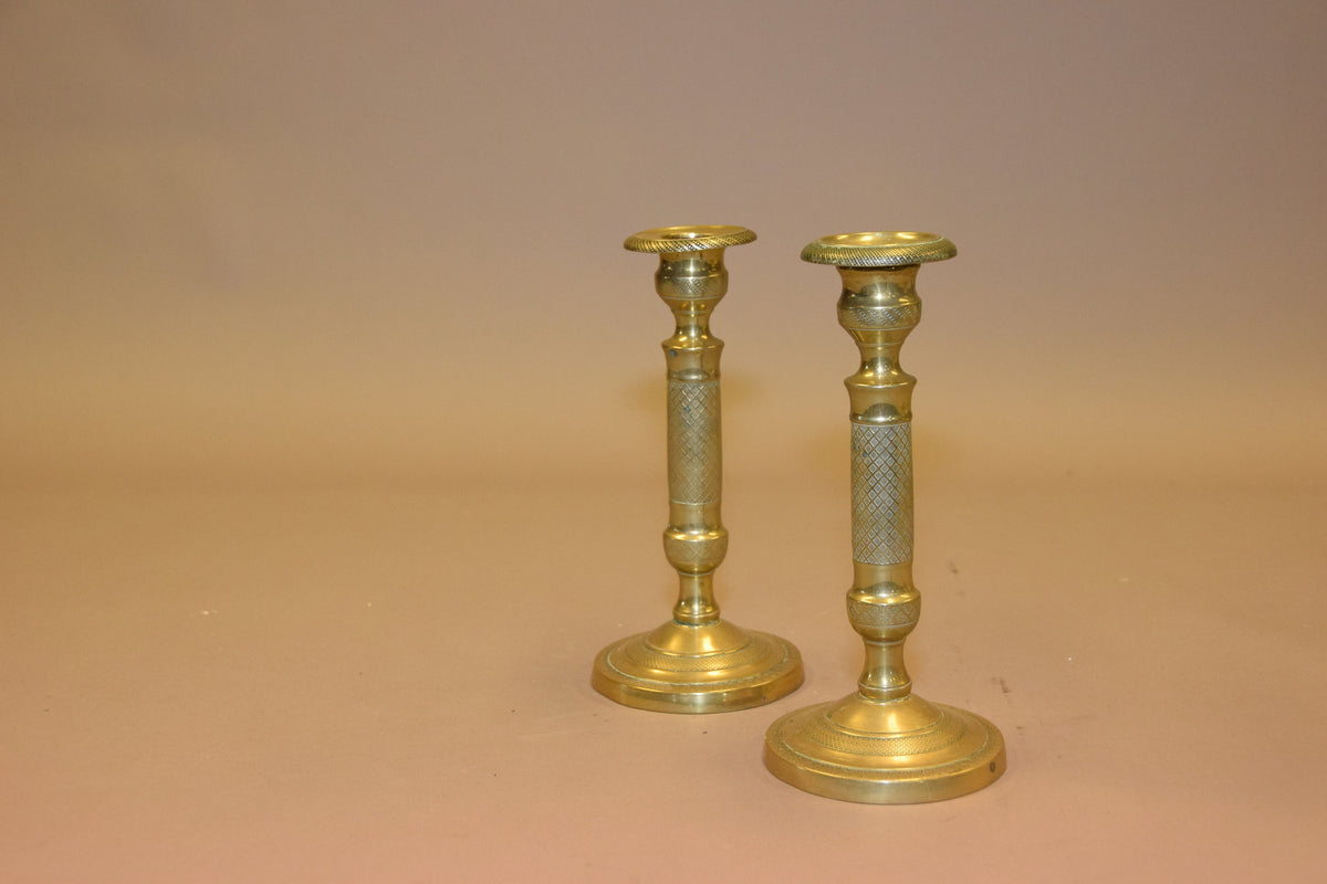 Antique Bronze Candlestick Pair, Crisscross Diamond Texture — French, Circa 1910s