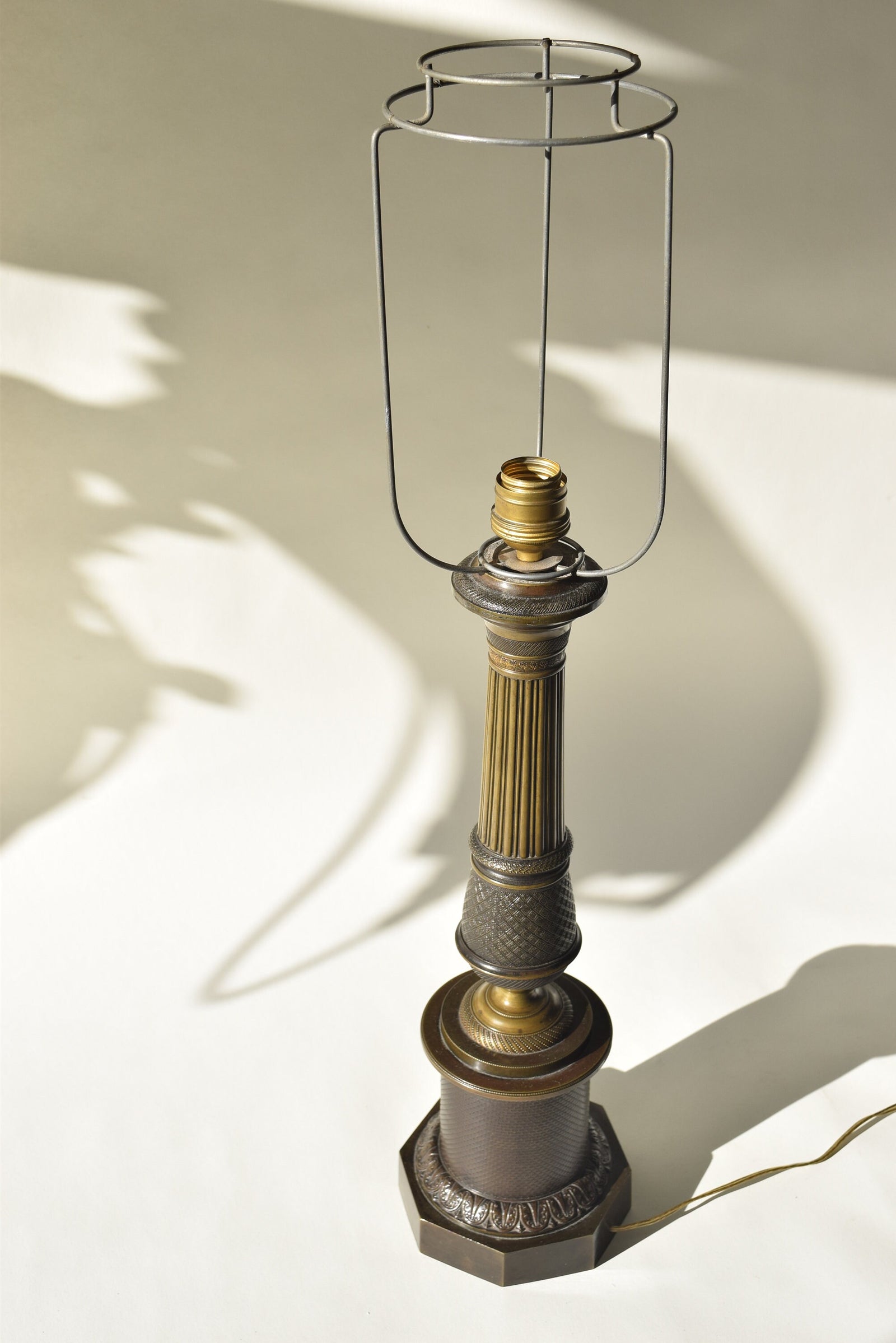 Antique Bronze Column Table Lamp, Hexagonal Base — Neoclassical, 19th Century