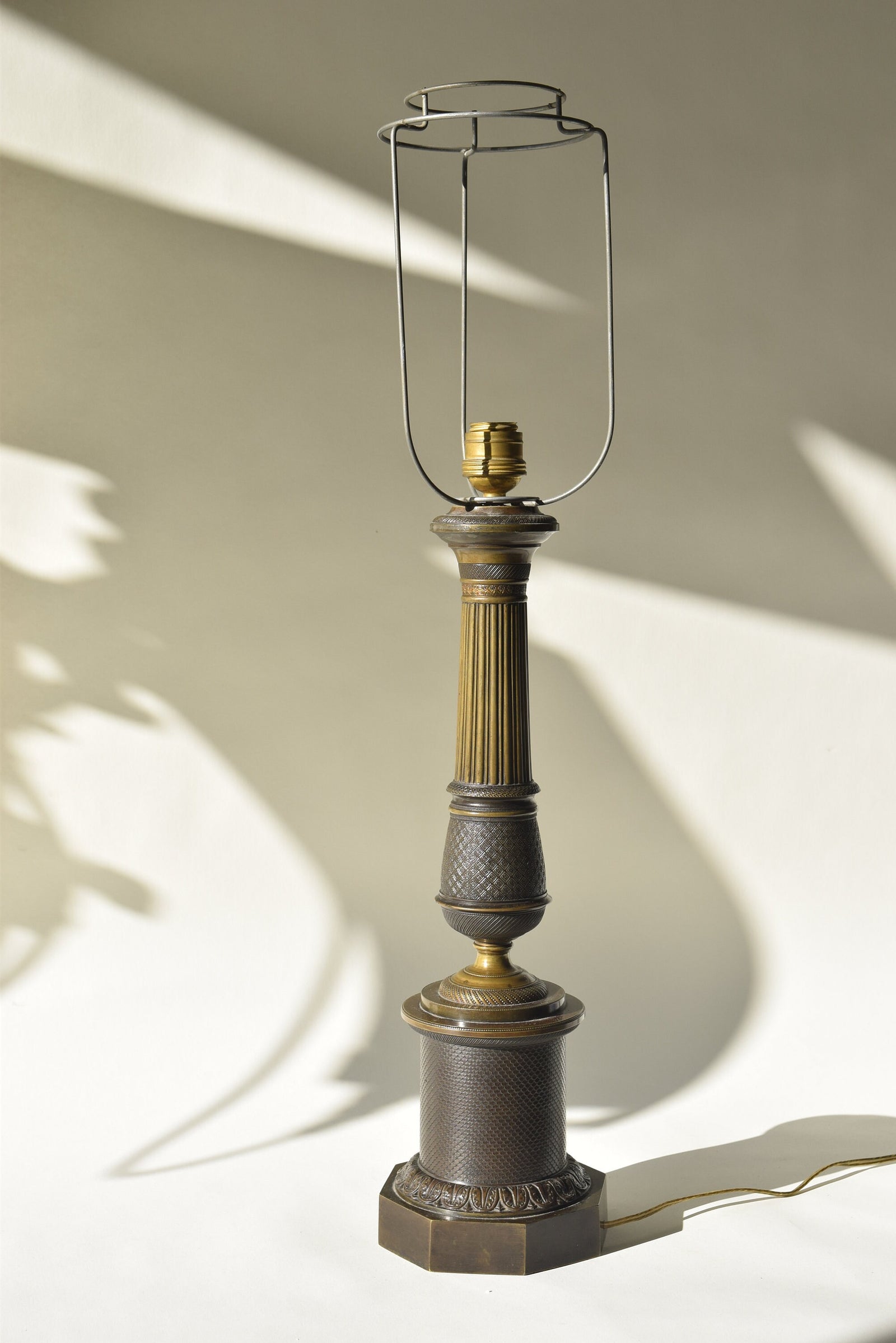 Antique Bronze Column Table Lamp, Hexagonal Base — Neoclassical, 19th Century