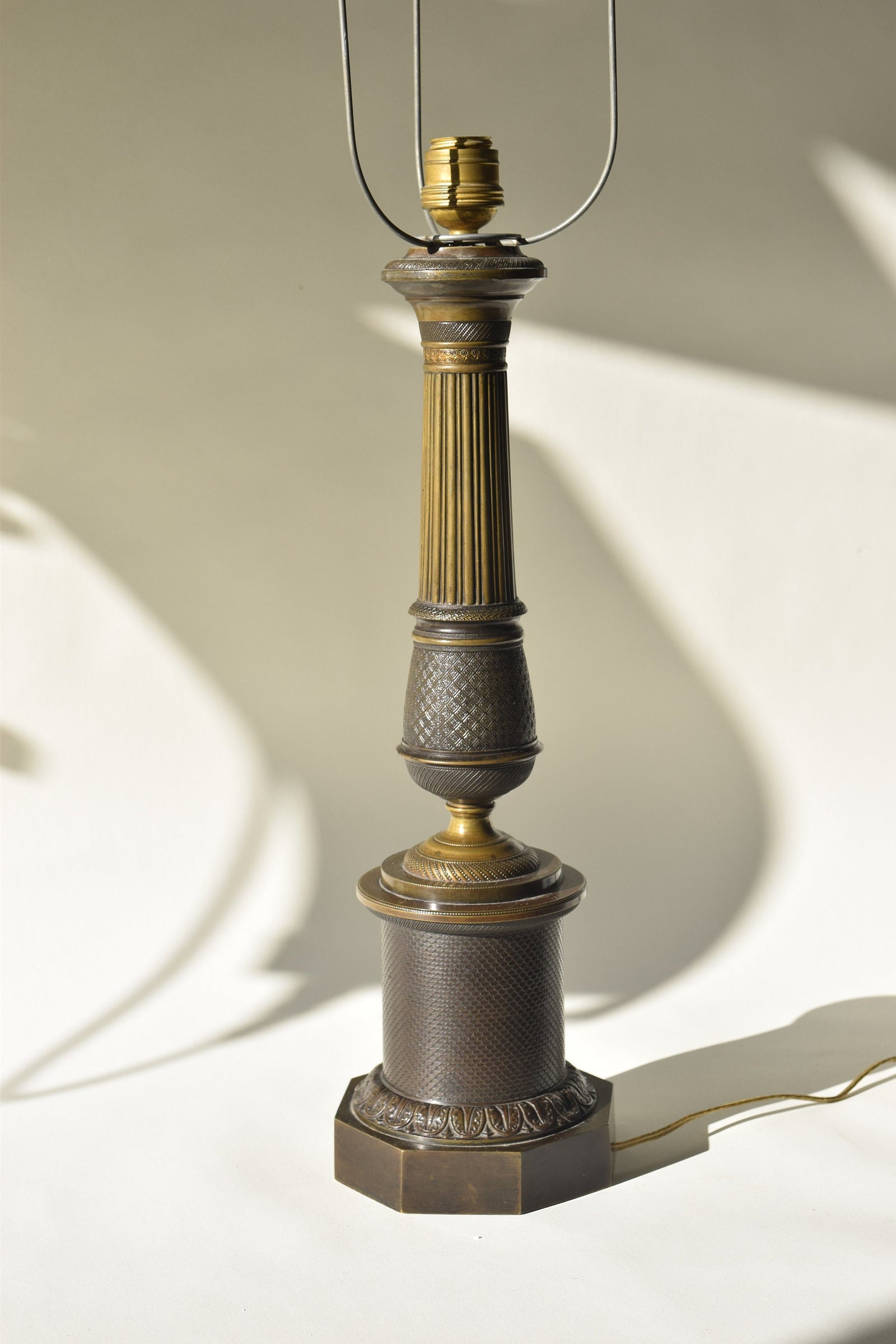 Antique Bronze Column Table Lamp, Hexagonal Base — Neoclassical, 19th Century