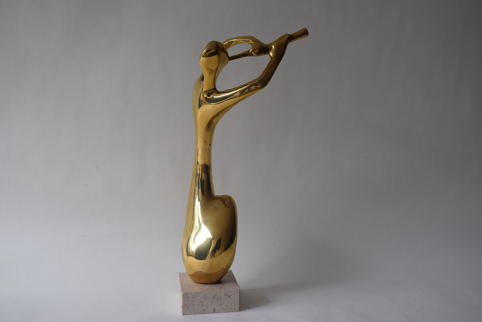 Vintage Brass Musician Sculpture, Abstract Art Deco Style Figure, Travertine Base, 1980s