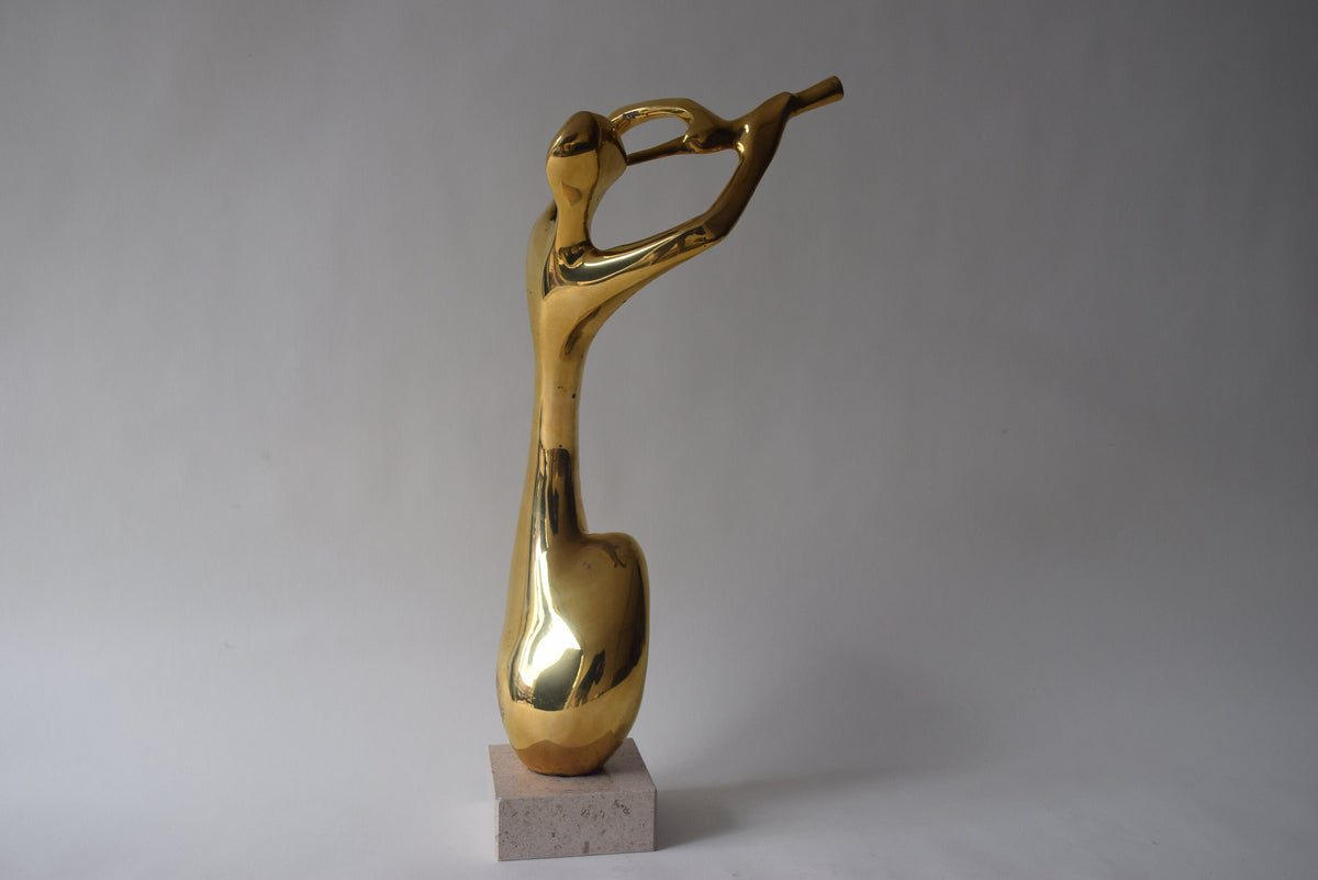 Vintage Brass Musician Sculpture, Abstract Art Deco Style Figure, Travertine Base, 1980s