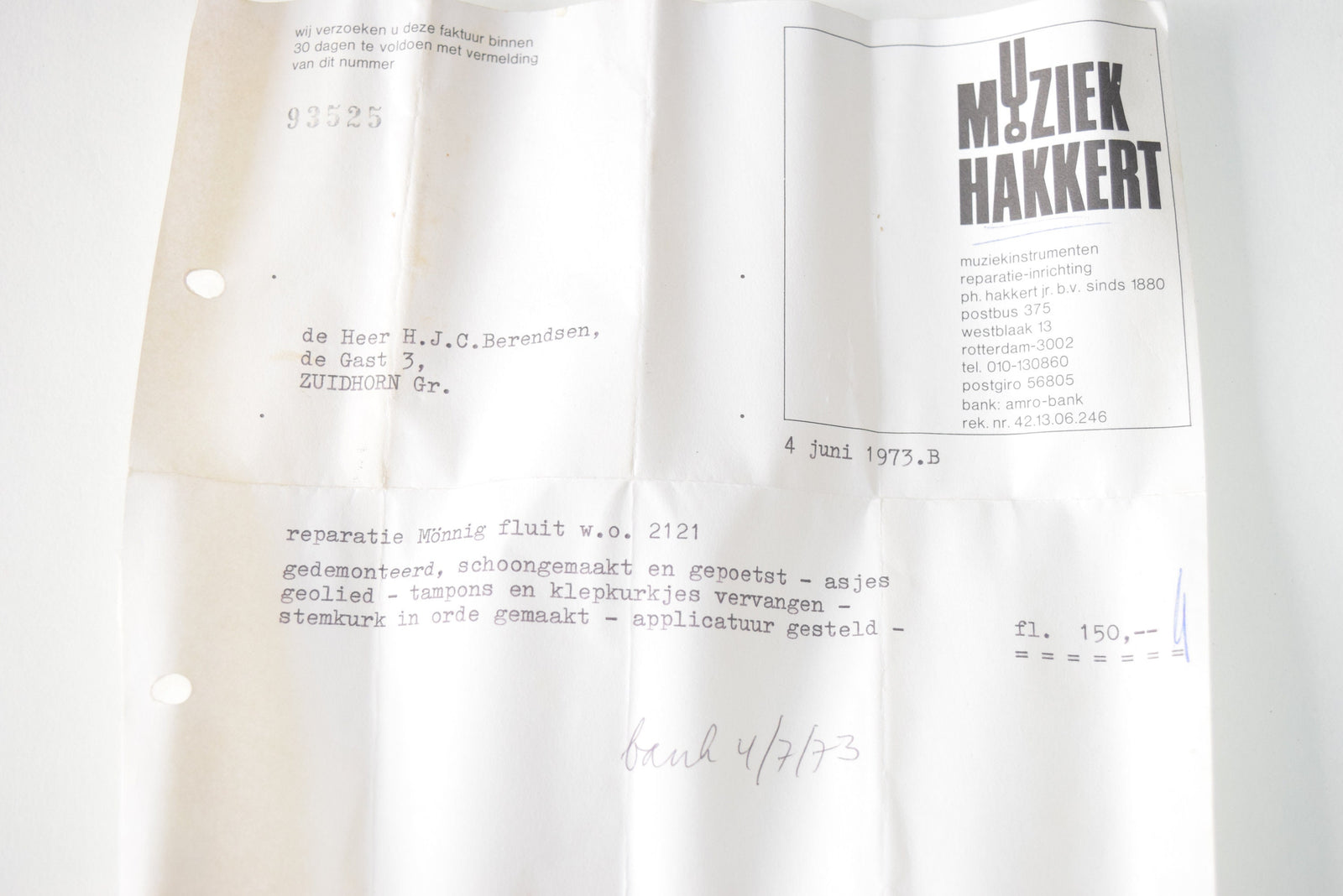 Vintage German-Style Silver-Plated Concert Flute, Closed-Hole, with 1973 Repair Invoice, Needs Service