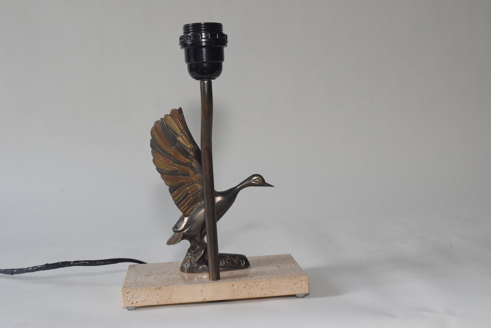 Vintage Duck Desk Lamp, Sculpted Bronze-Toned Metal Bird, Travertine Base, 1970s