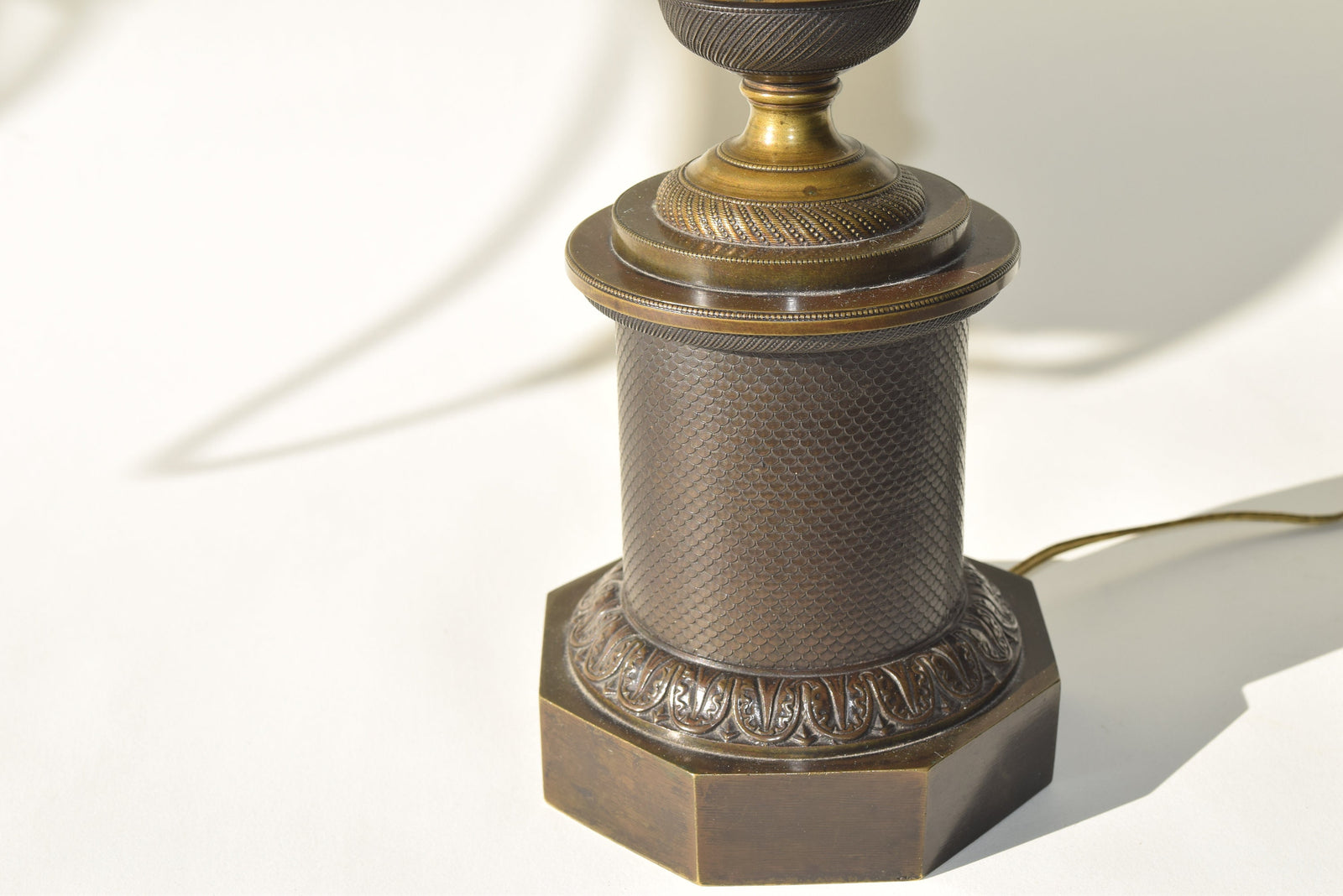Antique Bronze Column Table Lamp, Hexagonal Base — Neoclassical, 19th Century