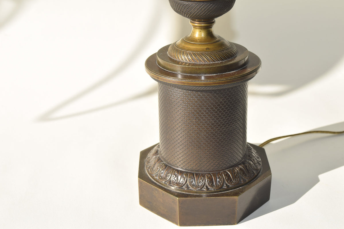 Antique Bronze Column Table Lamp, Hexagonal Base — Neoclassical, 19th Century